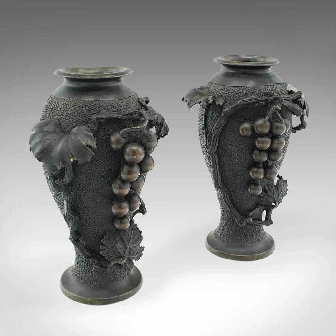 Pair Of Antique Decorative Vases, Japanese, Bronze Baluster, Meiji, Victorian