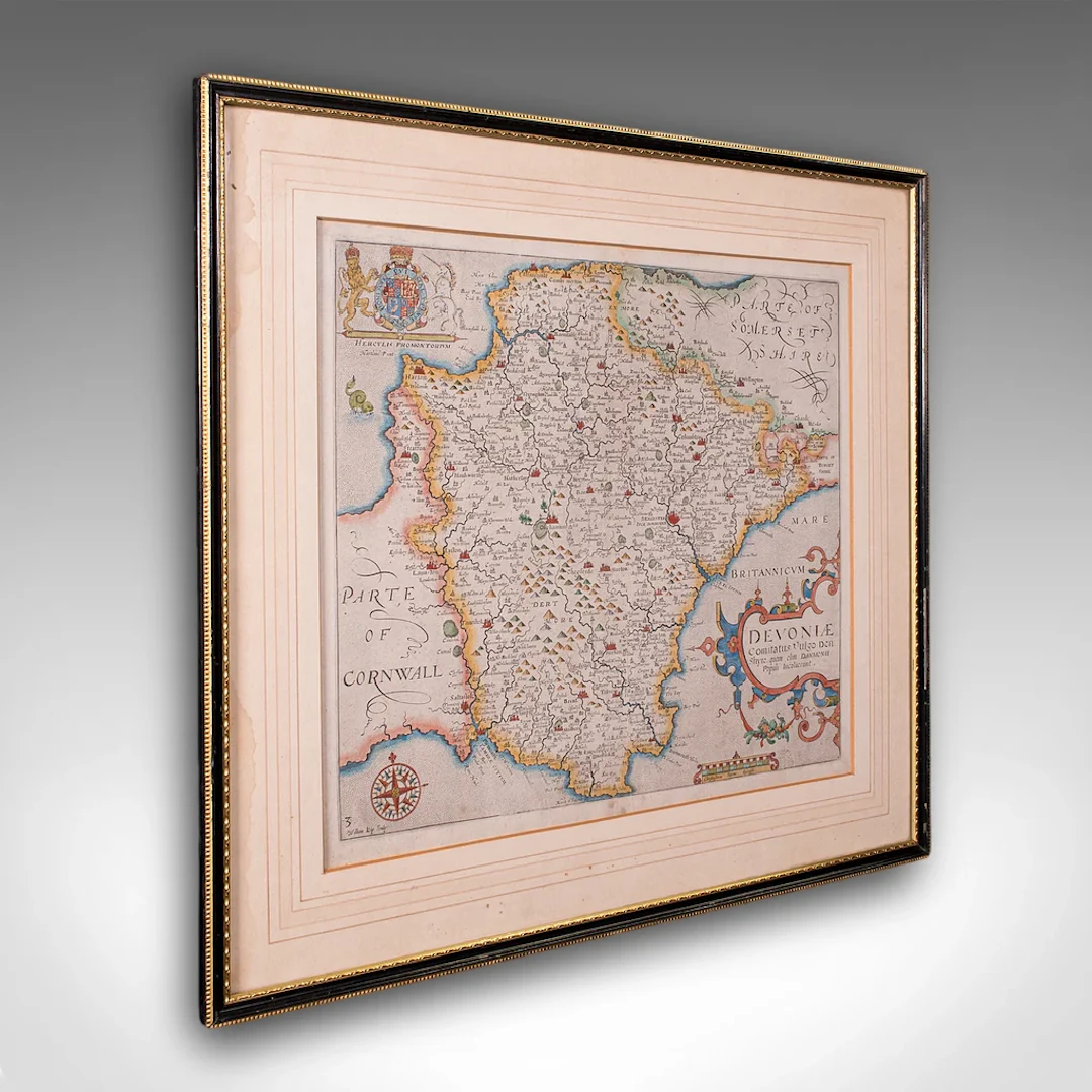 Antique Devon County Map, English, Framed 17th Century Atlas Cartography