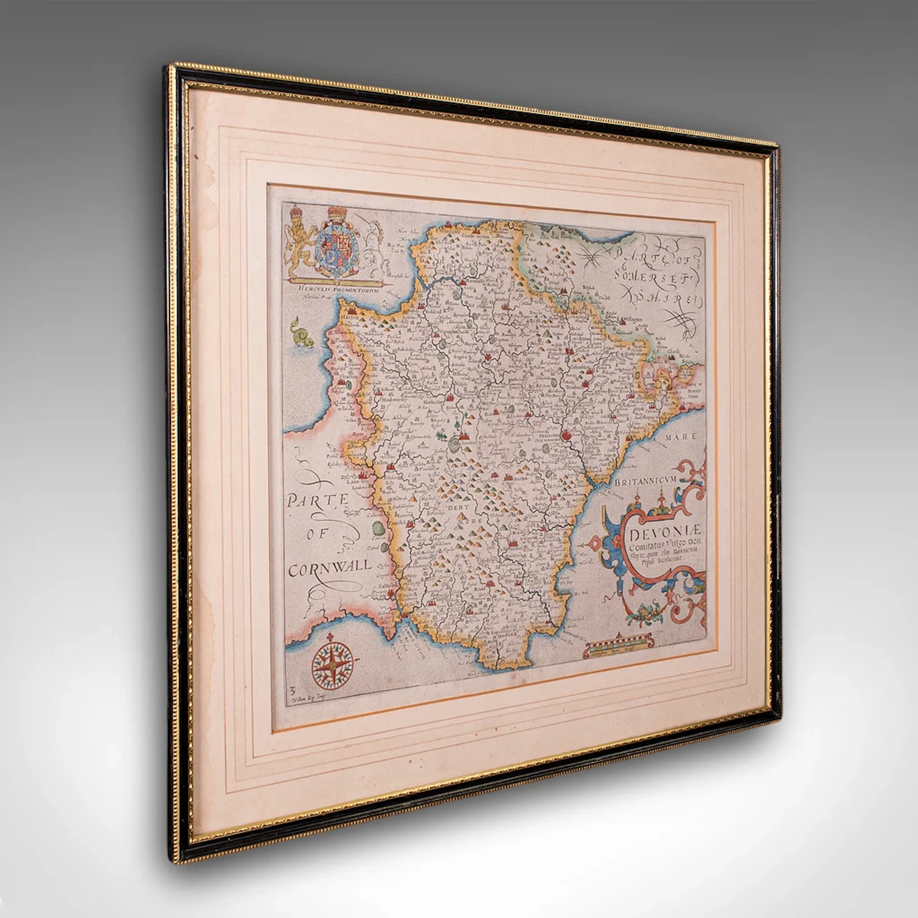 Antique Devon County Map, English, Framed 17th Century Atlas Cartography