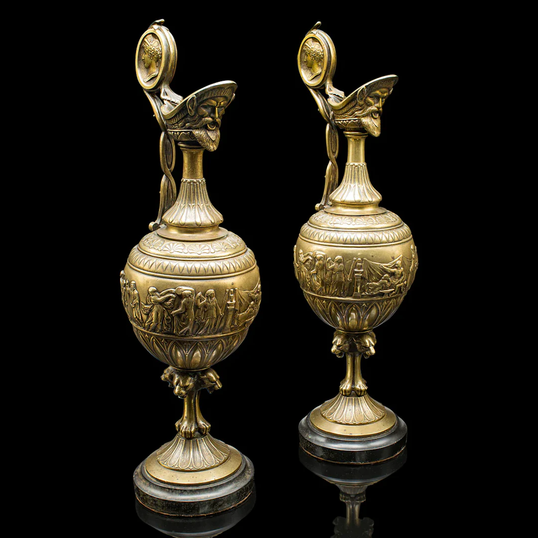 Pair Of Antique Ornamental Ewers, Italian, Bronze, Grand Tour, Victorian