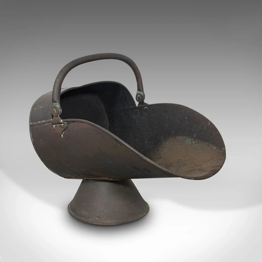 Antique Helmet Scuttle, English, Copper, Fireside, Coal, Bucket, Victorian