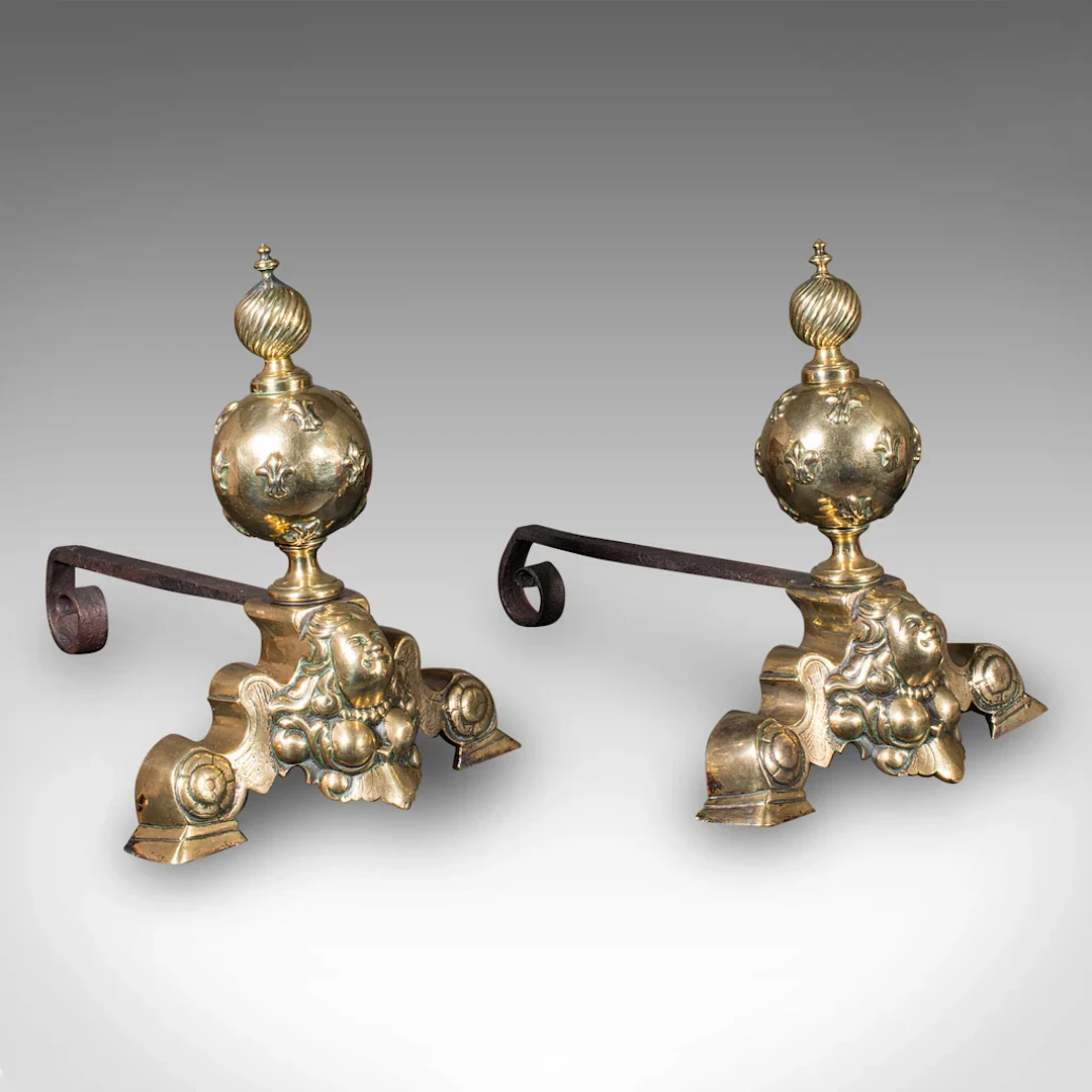 Pair Of Antique Fireside Andirons, French Brass, Chenet, Firedog