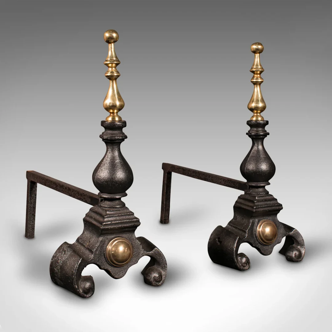 Pair, Antique Fireside Tool Rests, English, Cast Iron, Brass, Andiron