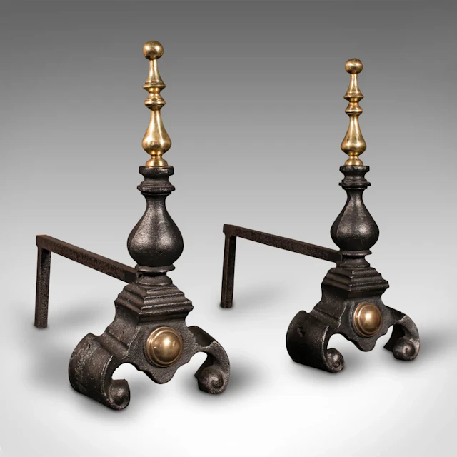 Pair, Antique Fireside Tool Rests, English, Cast Iron, Brass, Andiron