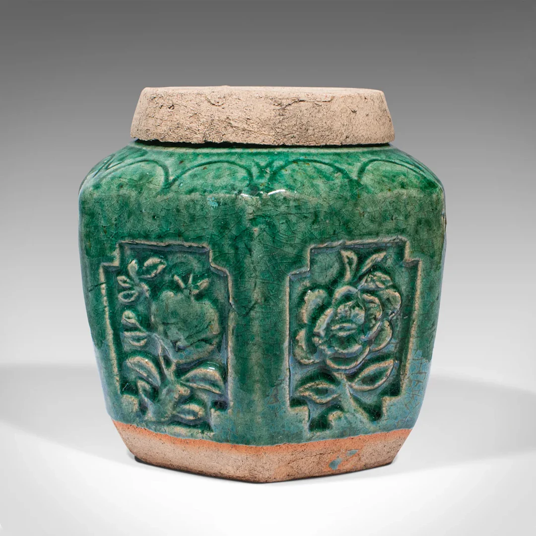 Antique Hexagonal Spice Jar, Japanese, Glazed Earthenware, Pot, Meiji