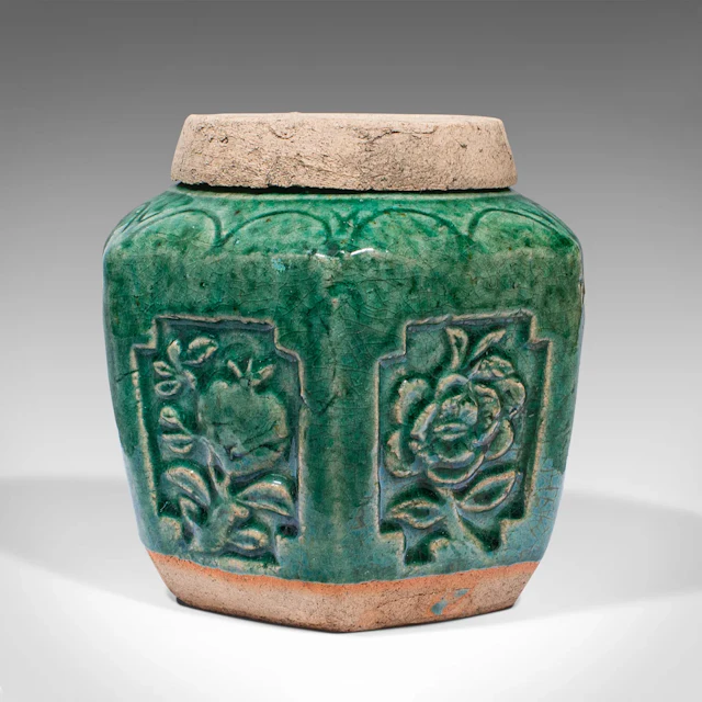 Antique Hexagonal Spice Jar, Japanese, Glazed Earthenware, Pot, Meiji