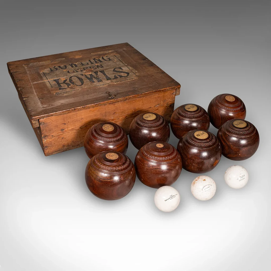 Antique Lawn Bowls Set, English, Woods, Ceramic Jacks, Garden Game, Edwardian