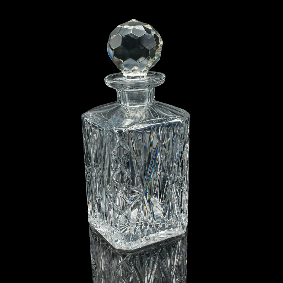 Vintage Whiskey Decanter, English, Crystal Glass, Scotch Bottle, Barware