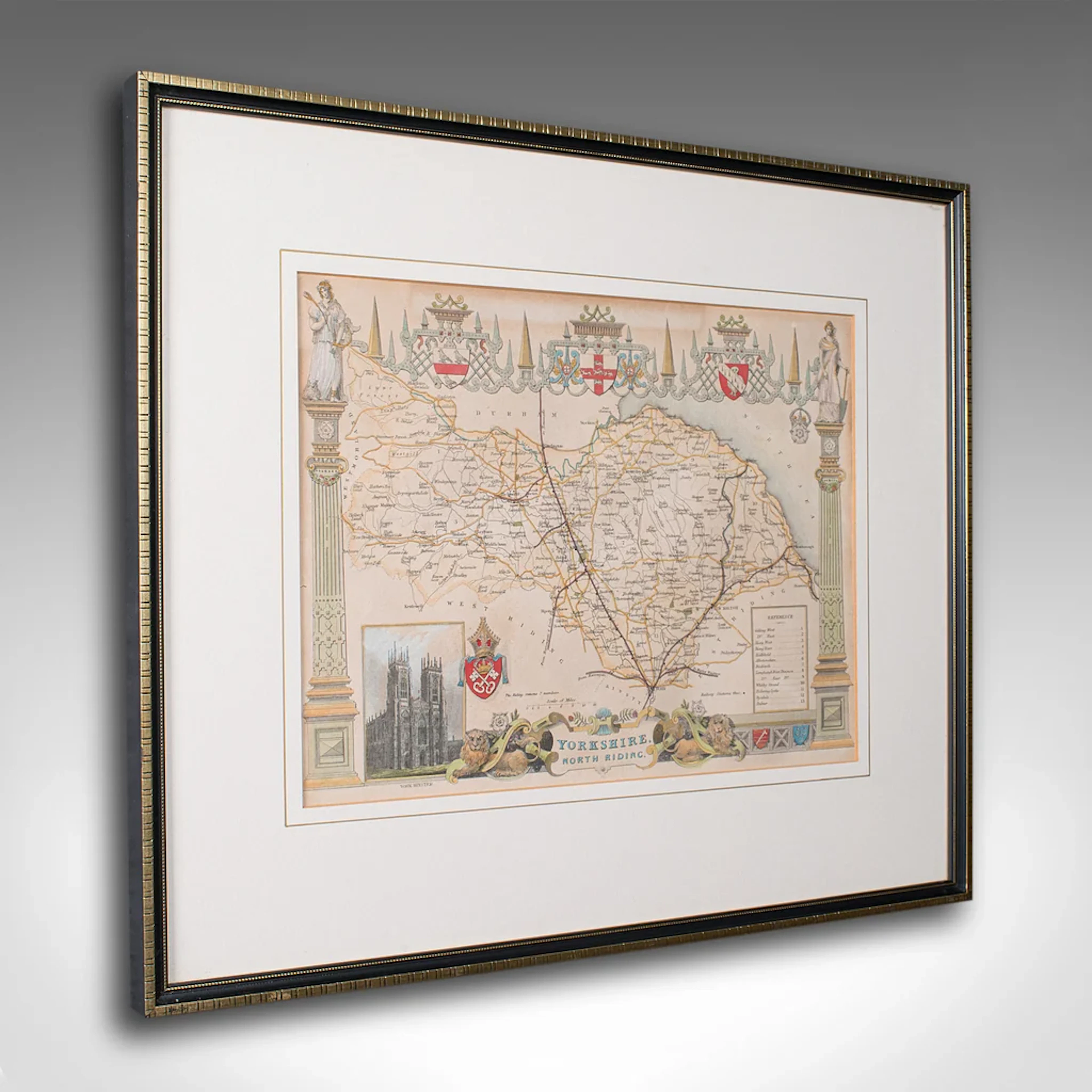 Antique North Yorkshire Map, English, Framed Lithography, Cartography