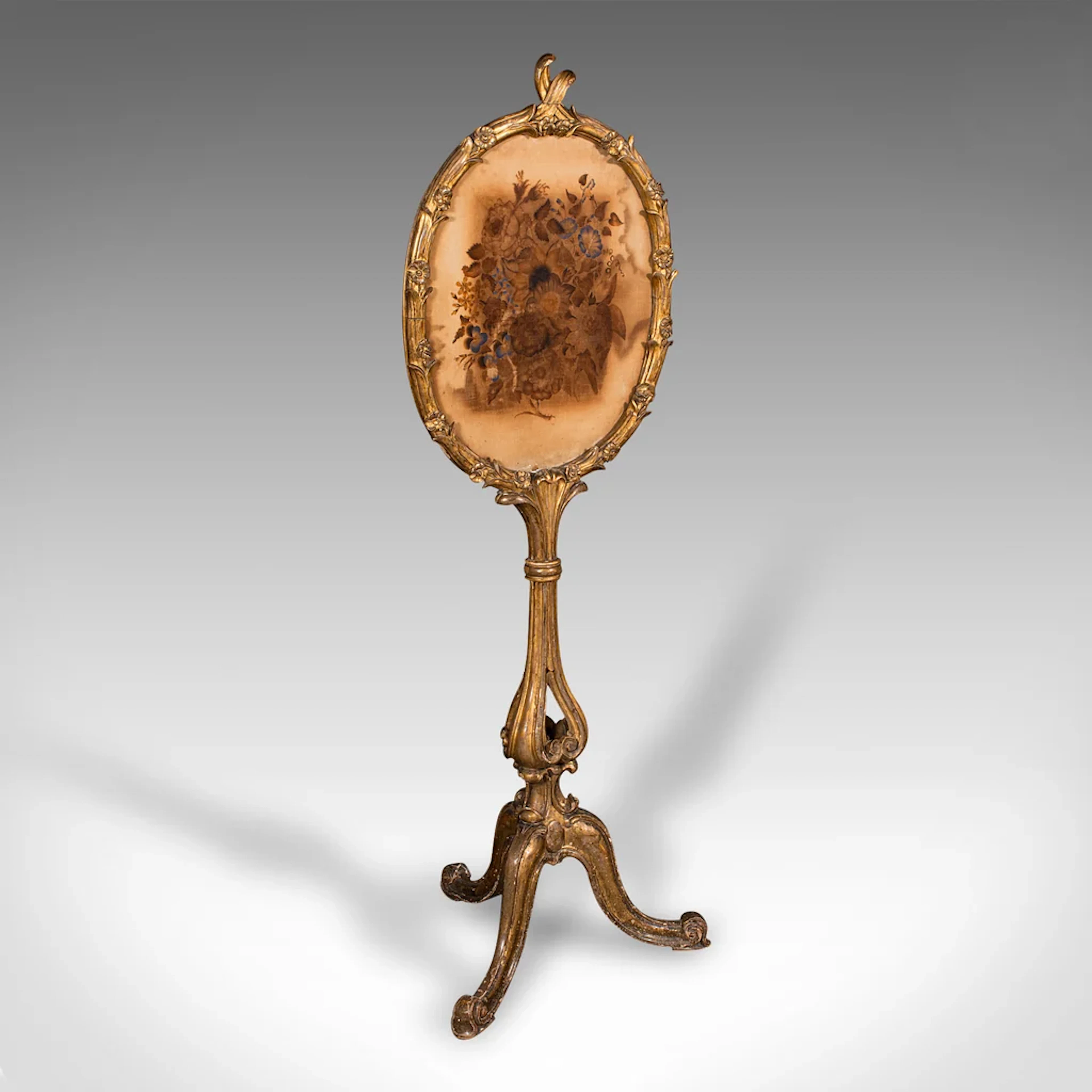 Antique Pole Screen, English, Giltwood, Glass, Fireside Reflector
