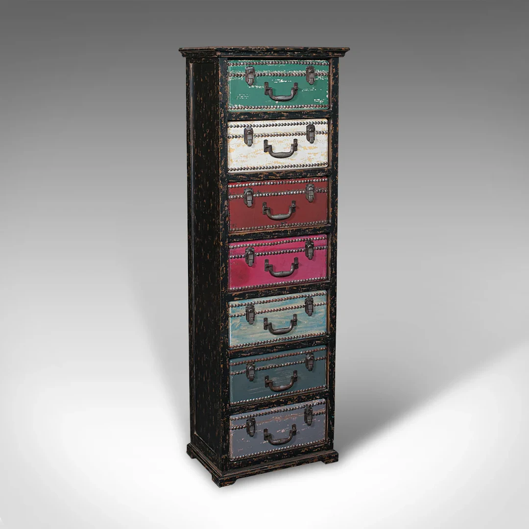 Tall Vintage Trunk Stand, English, Hand-Painted Pine, Suitcase Chest of Drawers