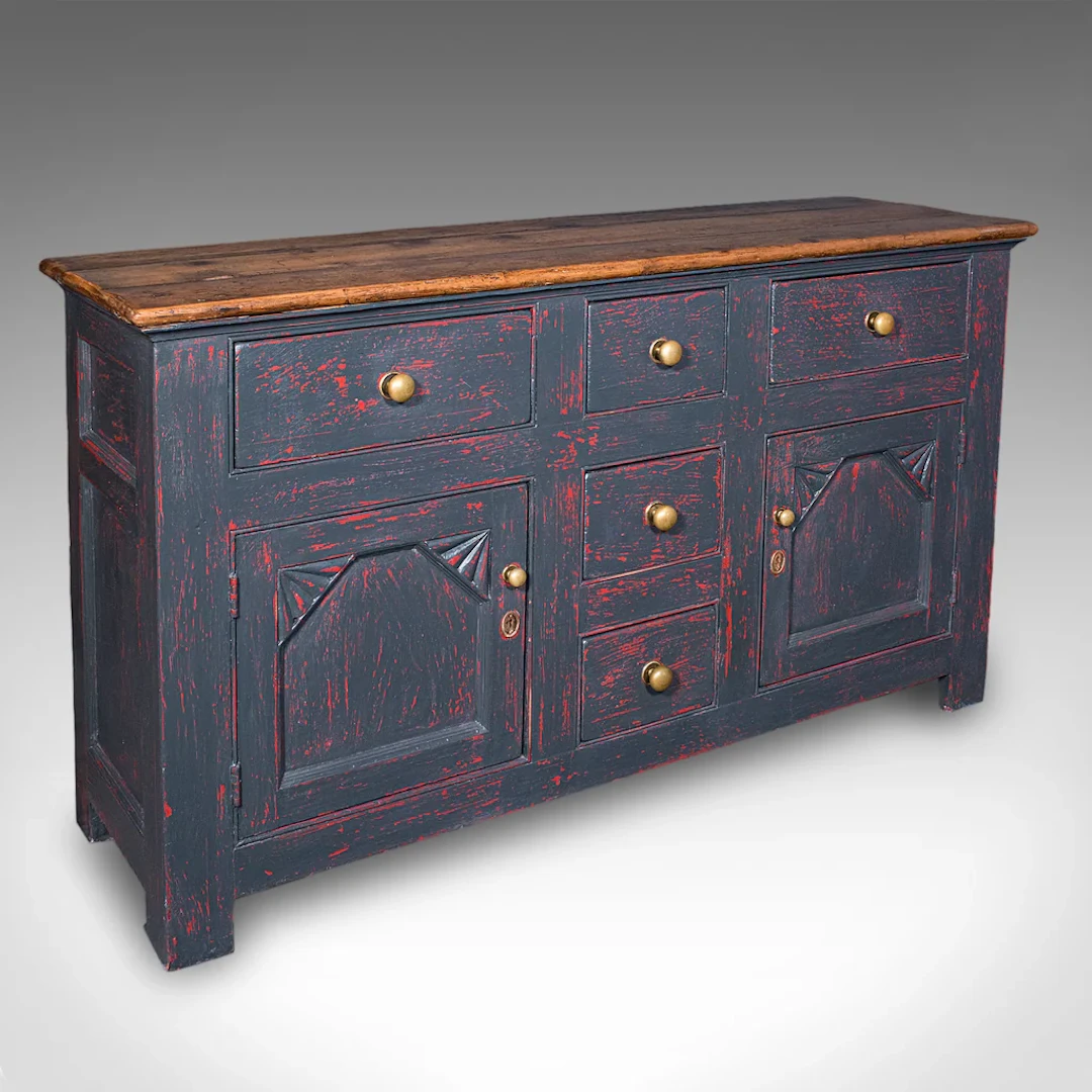 Vintage Dresser Base, English, Painted Pine, Kitchen Sideboard, Distressed