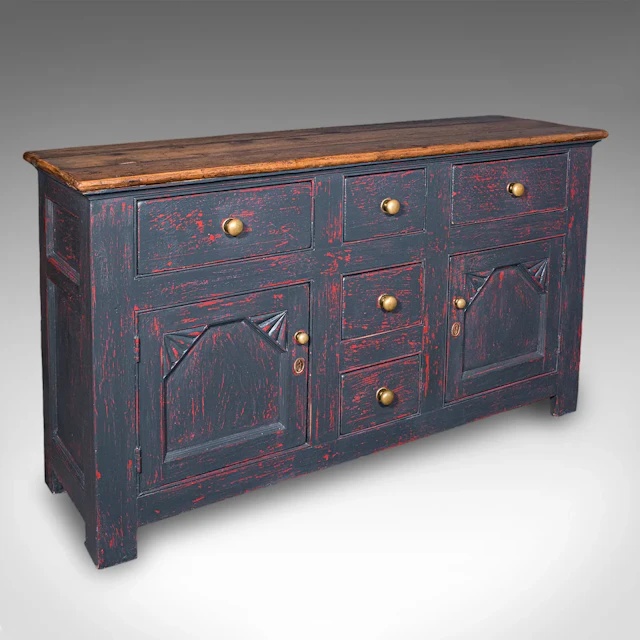 Vintage Dresser Base, English, Painted Pine, Kitchen Sideboard, Distressed