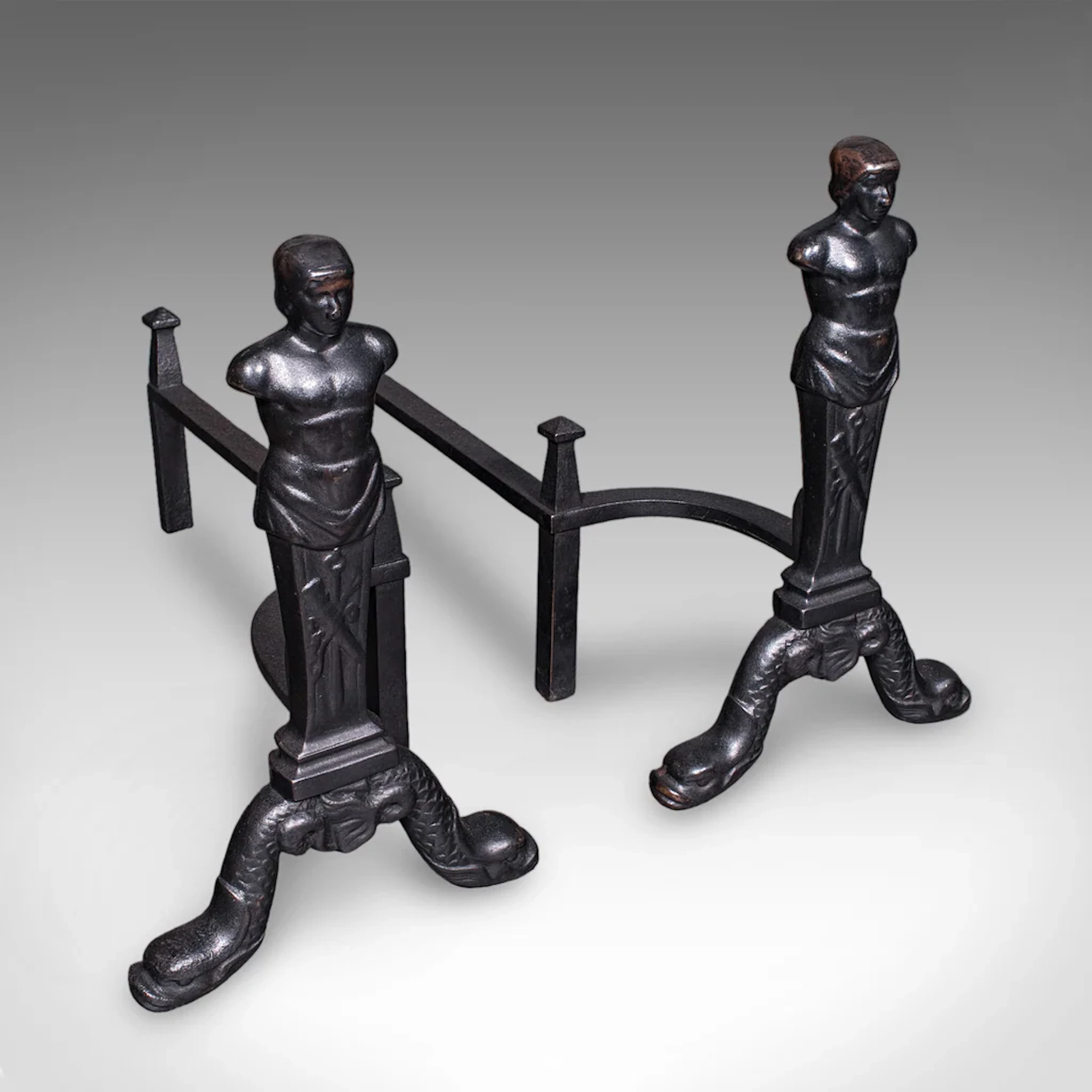 Pair of Vintage Figural Andirons, English, Fire Dog, Fireplace Rests, Art Deco