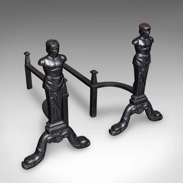 Pair of Vintage Figural Andirons, English, Fire Dog, Fireplace Rests, Art Deco