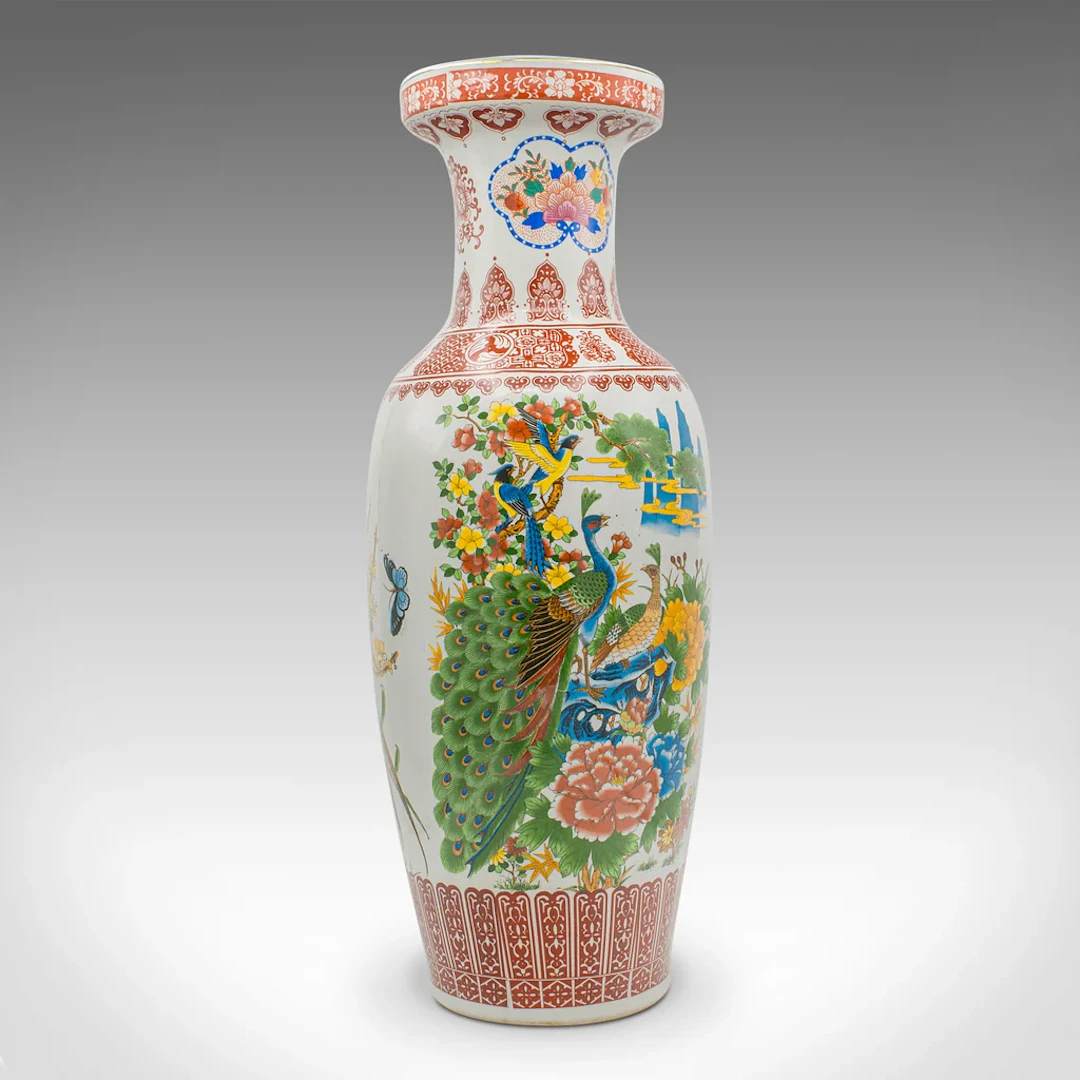 Tall Vintage Peacock Vase, Chinese, Ceramic, Baluster Urn, Art Deco Taste, 1950