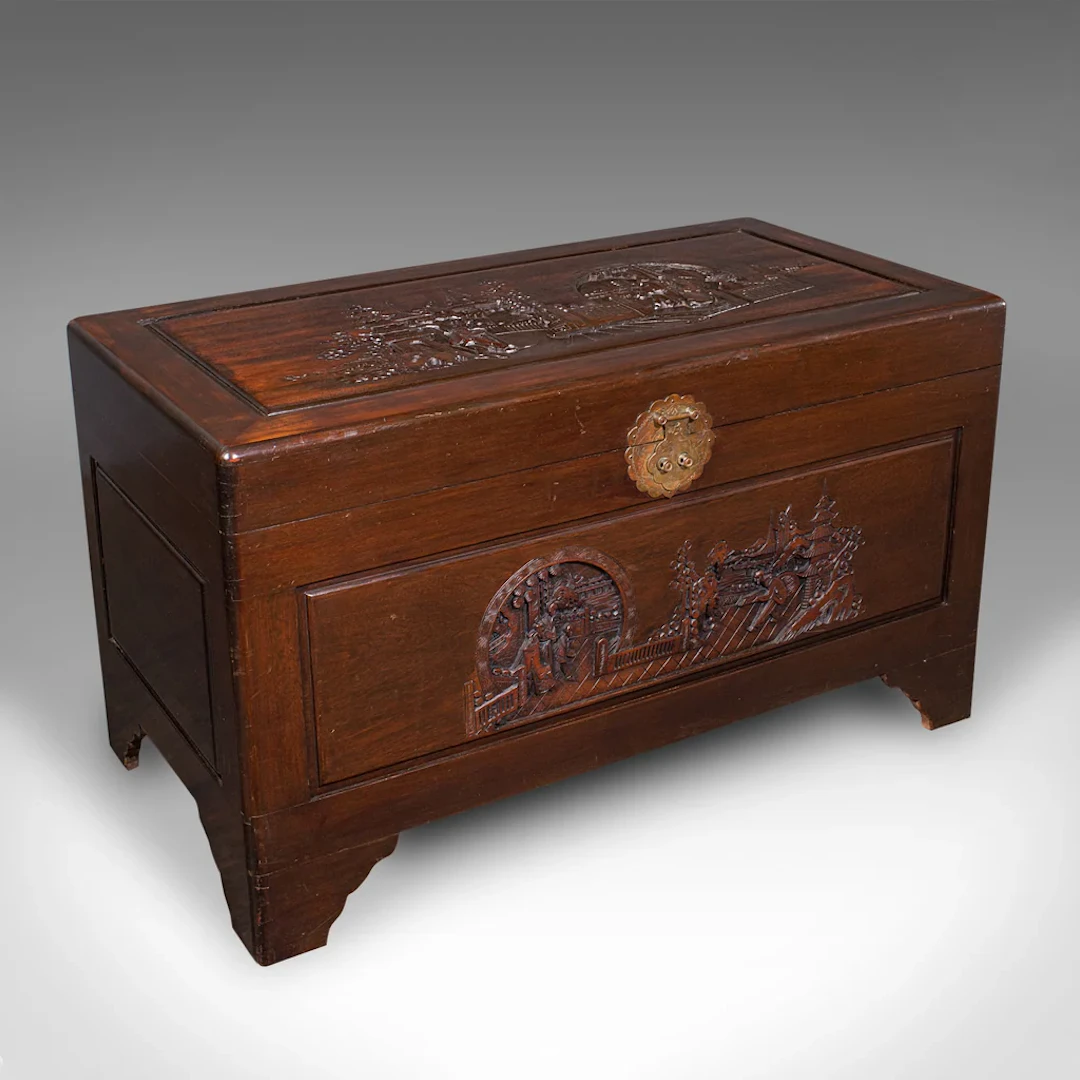 Large Vintage Carved Chest, Hong Kong, Camphorwood, Storage Trunk, Mid Century