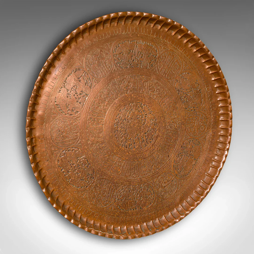Large Antique Presentation Tray, Persian, Engraved Copper, Charger, Victorian