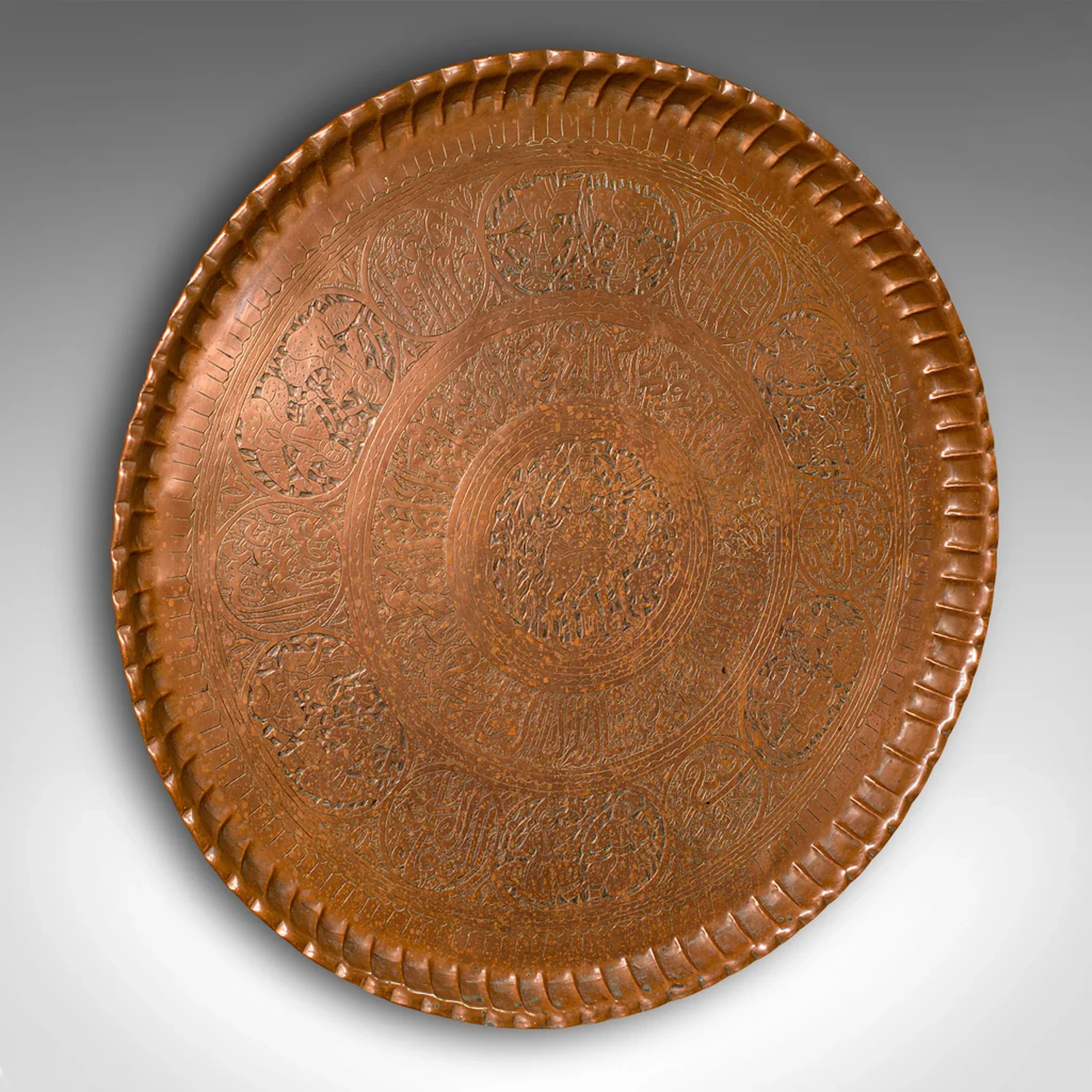 Large Antique Presentation Tray, Persian, Engraved Copper, Charger, Victorian