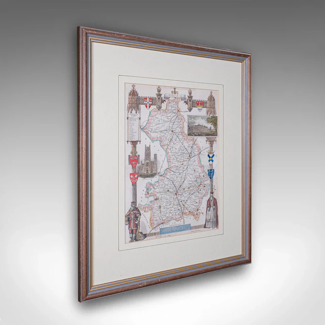 Vintage Cambridgeshire County Map, English, Framed, After Thomas Moule, Revival
