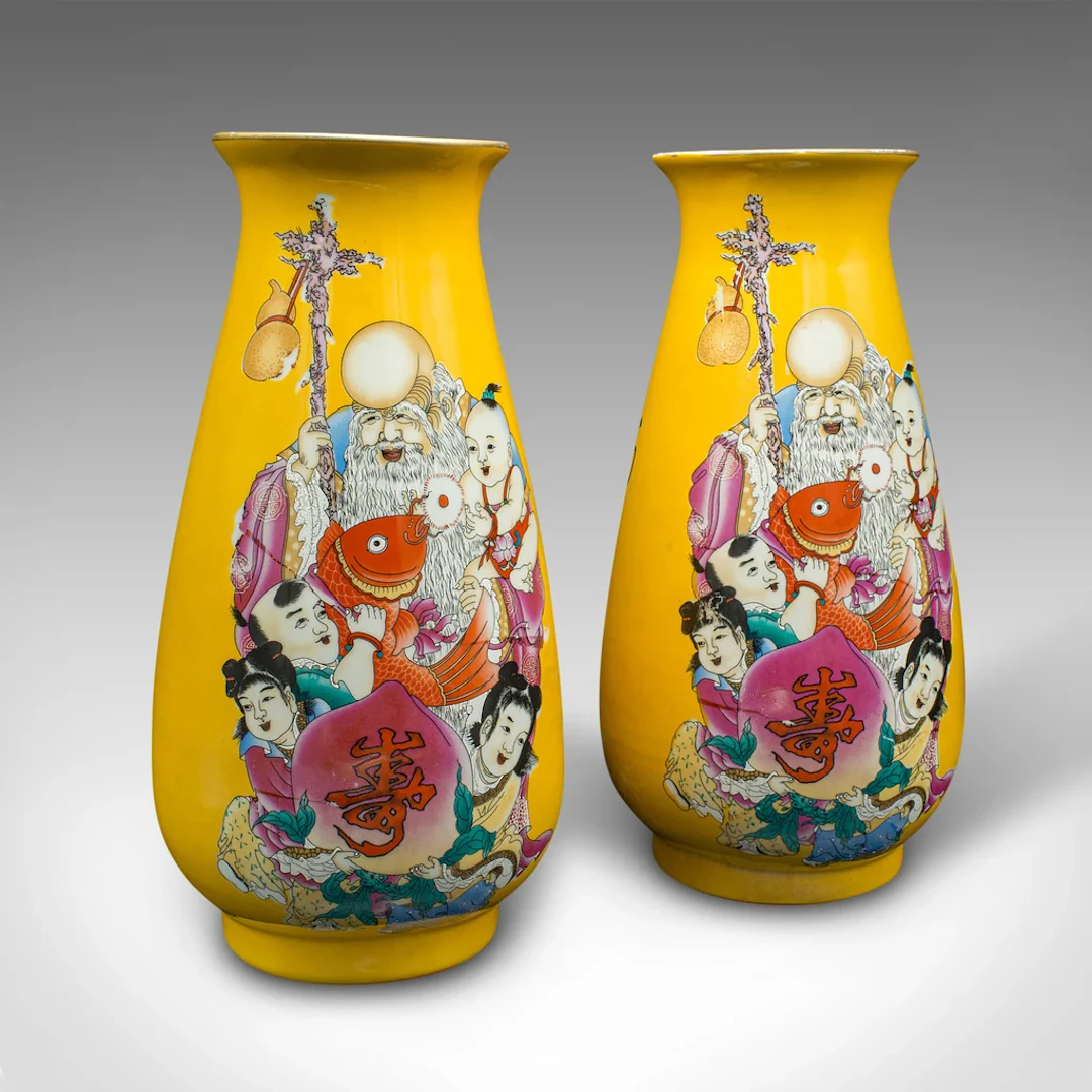 Pair Of Vintage Character Vases, Chinese, Ceramic, Baluster Urn, Art Deco, 1940