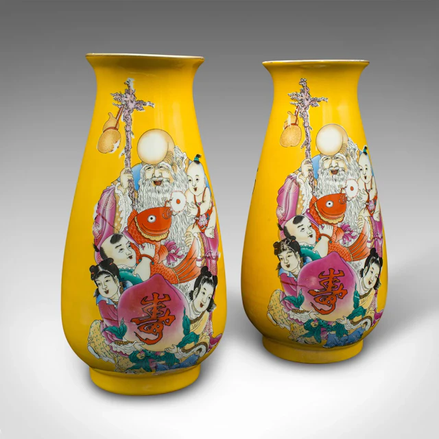 Pair Of Vintage Character Vases, Chinese, Ceramic, Baluster Urn, Art Deco, 1940