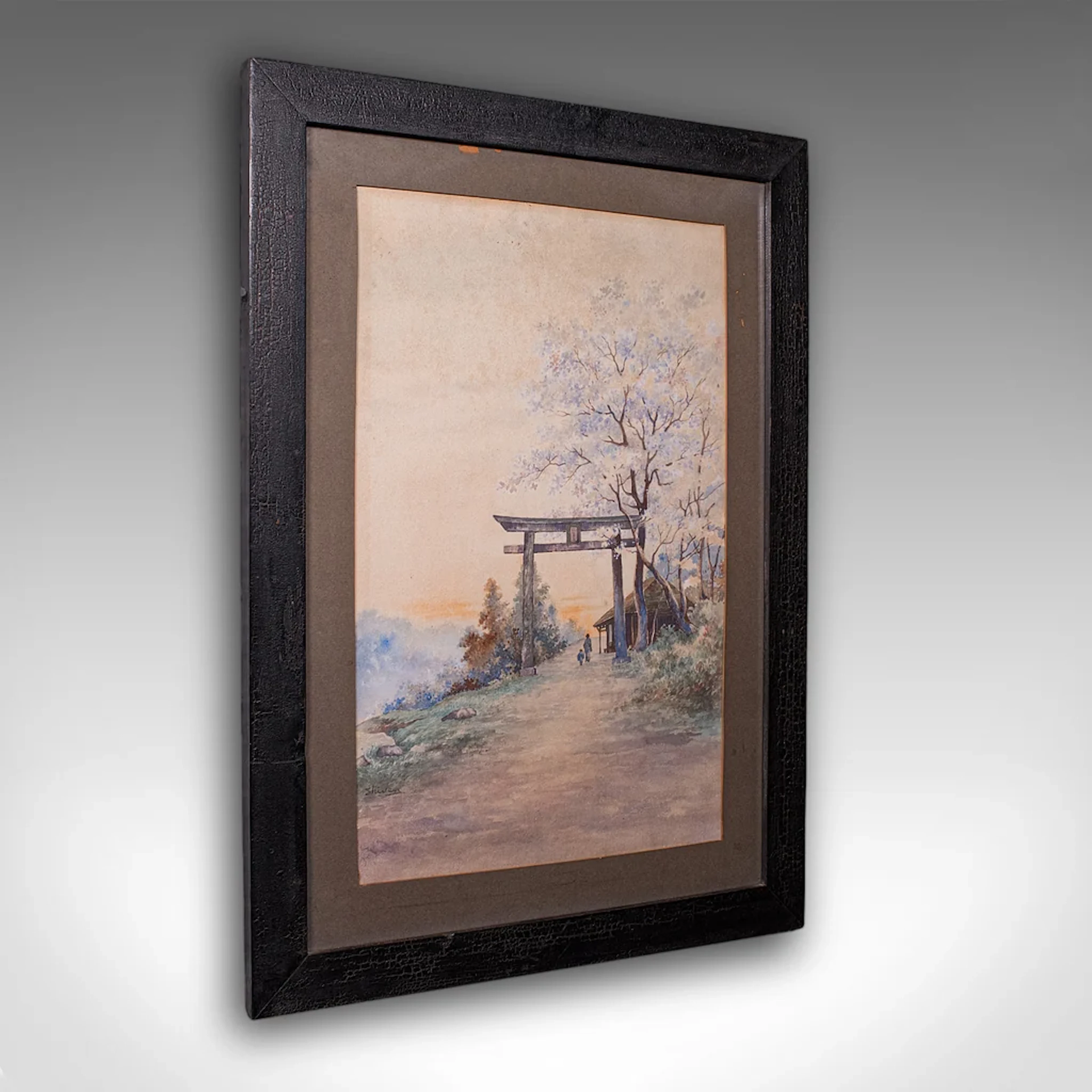 Vintage Torii Gate Landscape Painting, Japanese School, Watercolour
