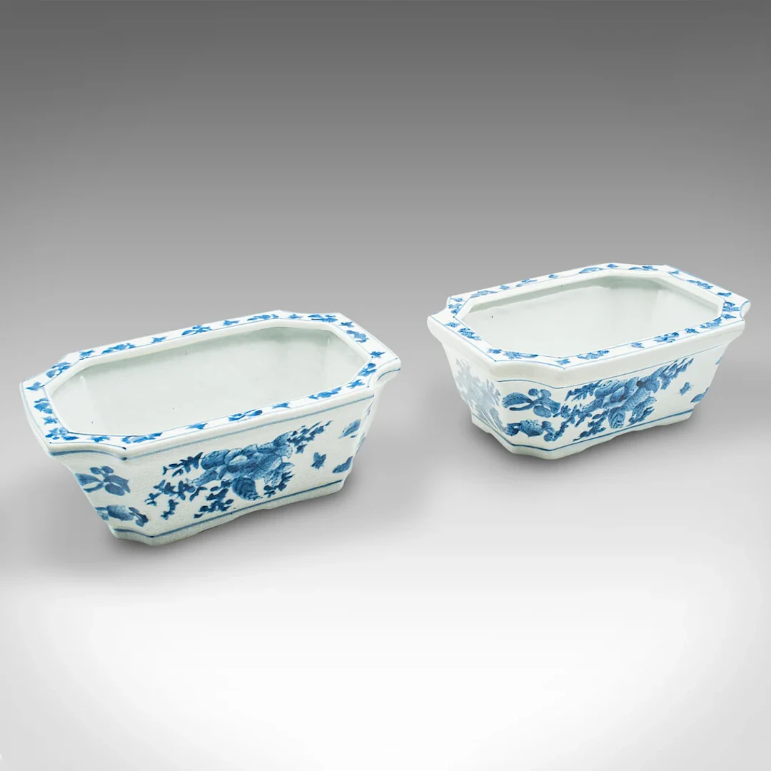 Pair Of Vintage Window Box Planters, Chinese Ceramic, Blue and White