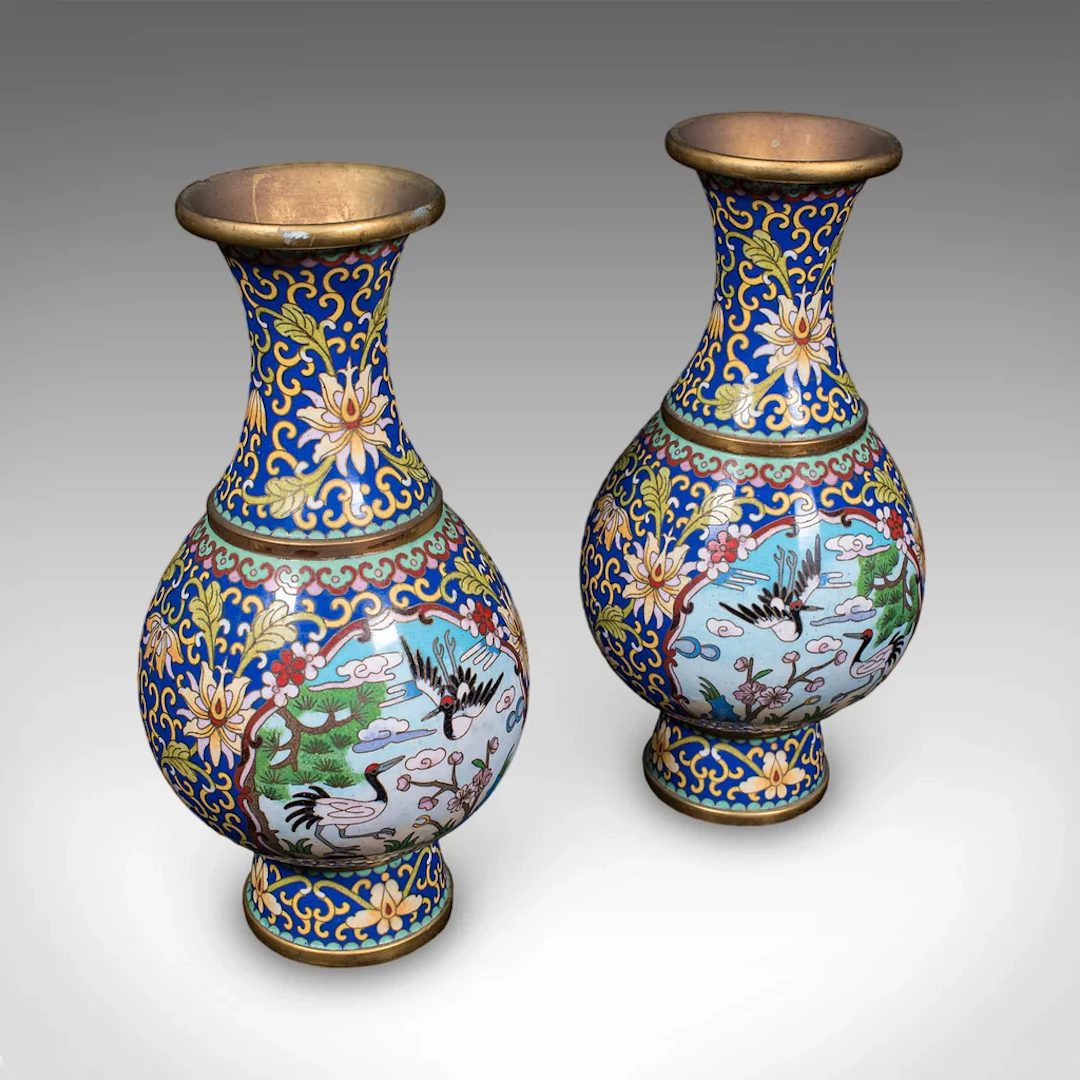 Pair of Vintage Baluster Form Vases, Oriental, Cloisonne, Posy Urn, Circa 1960