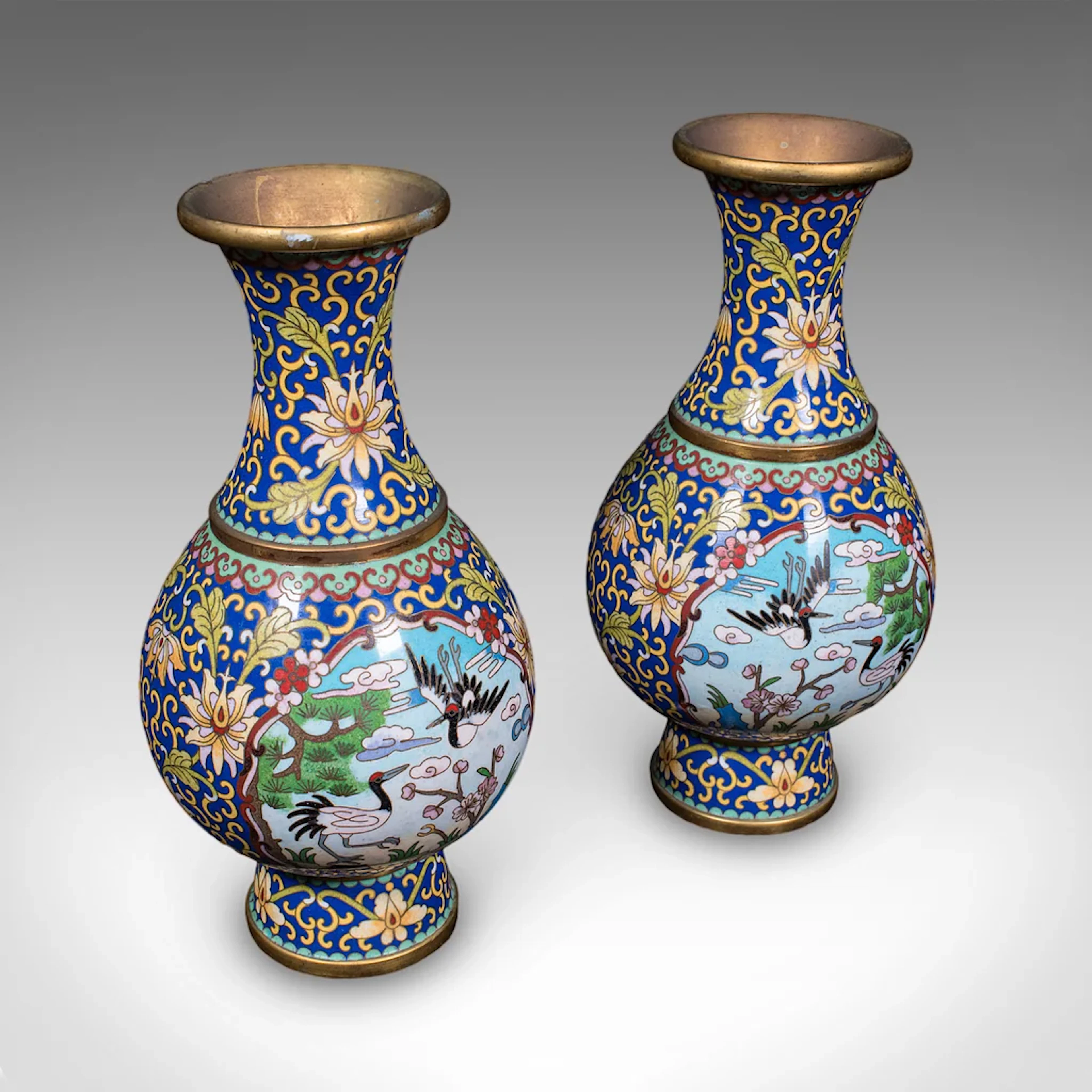 Pair of Vintage Baluster Form Vases, Oriental, Cloisonne, Posy Urn, Circa 1960