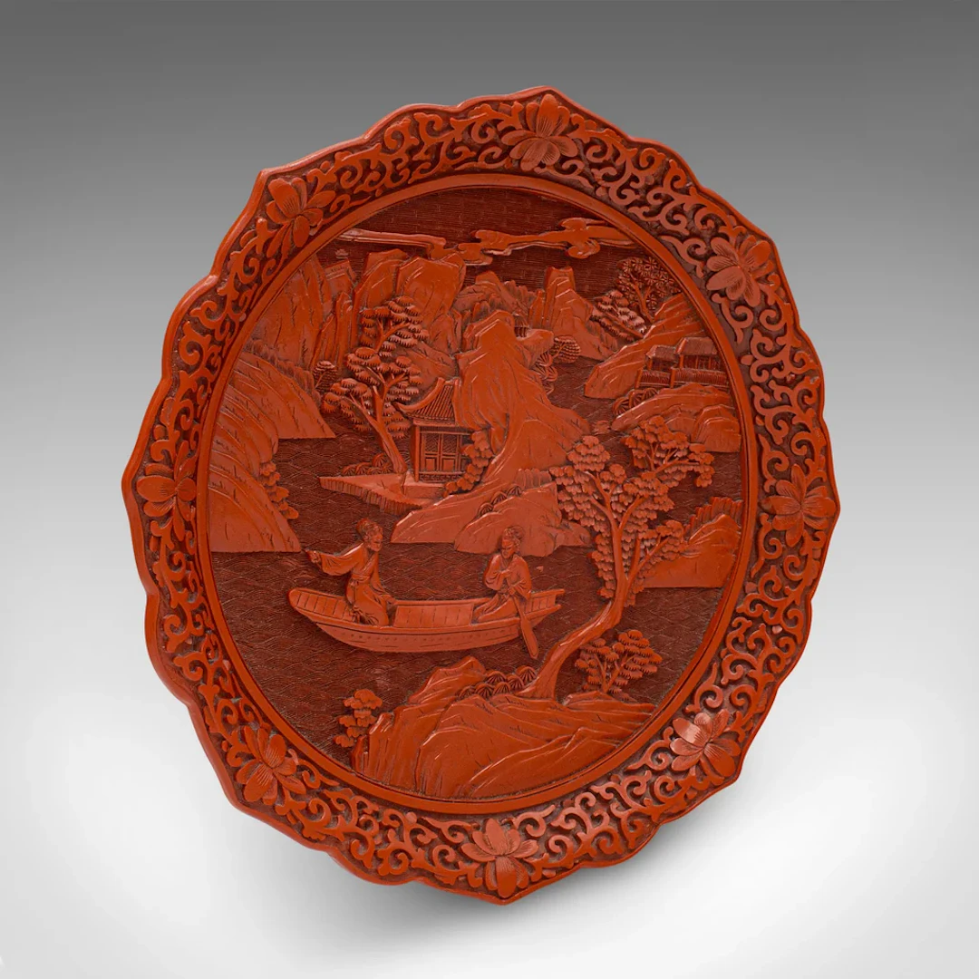 Vintage Cinnabar Display Plate, Chinese, Decorative Serving Dish