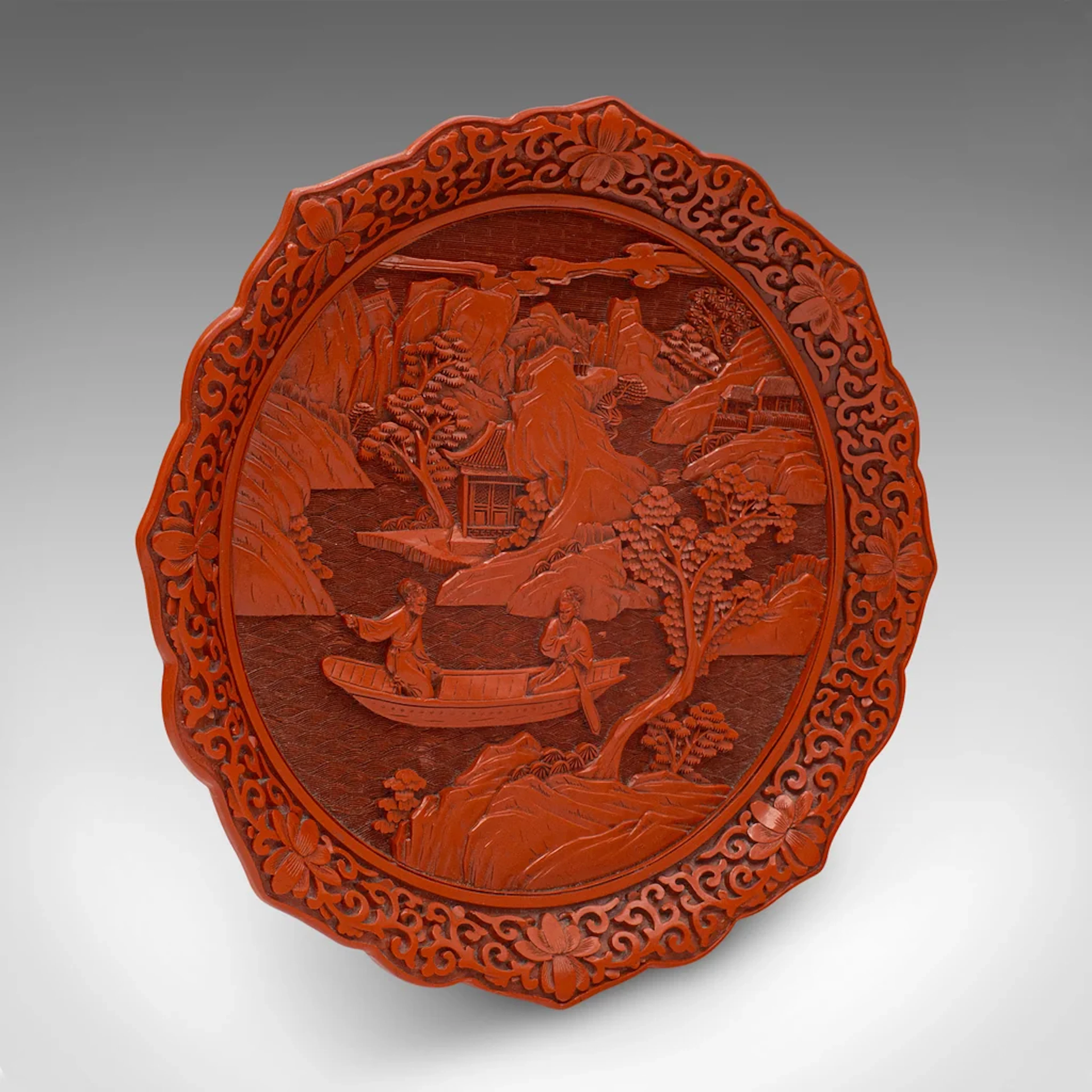 Vintage Cinnabar Display Plate, Chinese, Decorative Serving Dish