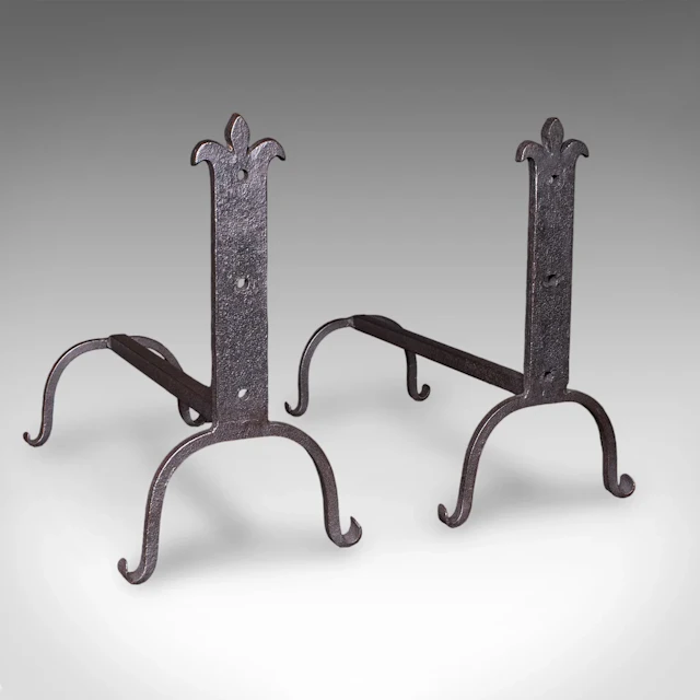 Pair of Antique Fire Dogs, English, Blacksmith Made, Andirons, Gothic