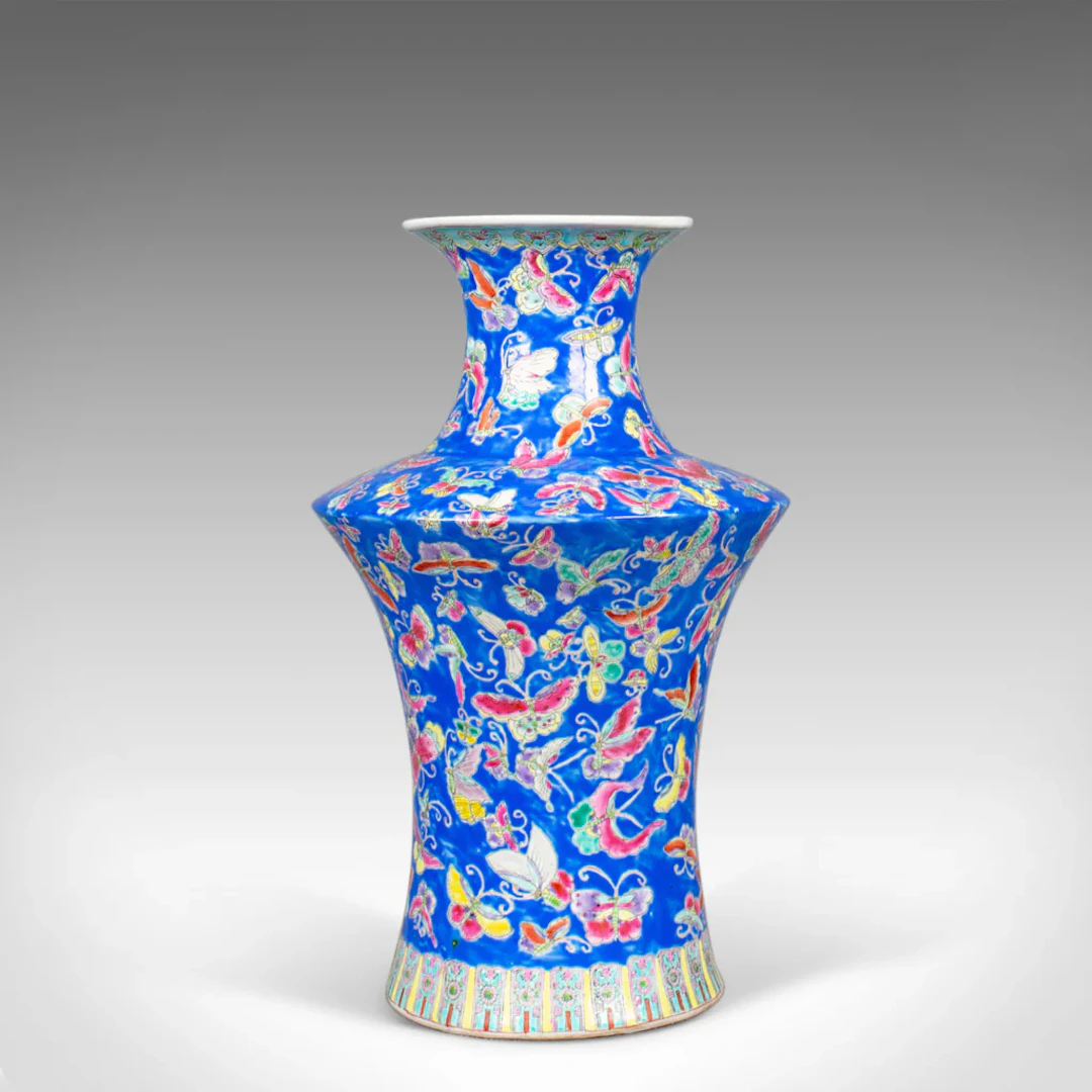 Oriental Flower Vase, Decorative, Ceramic, Butterflies, 20th Century