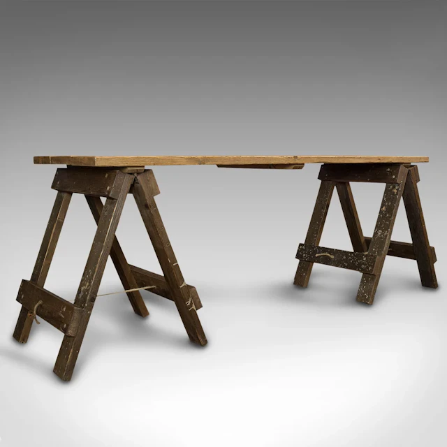 Large Vintage Table, English, Pine, Craft, Work, Kitchen, Trestle, Circa 1970