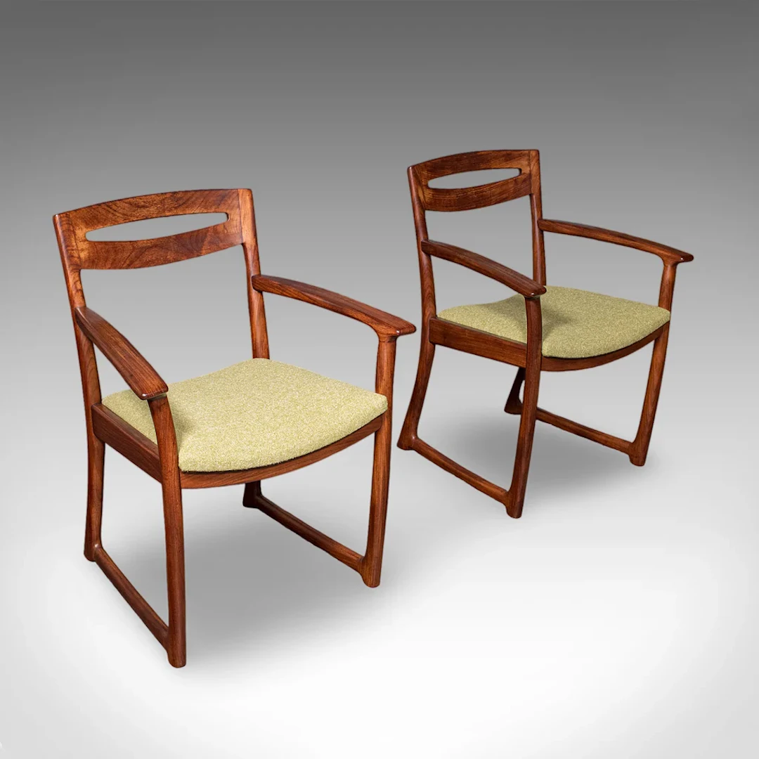 Pair of Vintage Side Chairs, Scottish, Teak, Elbow Seat, Beithcraft