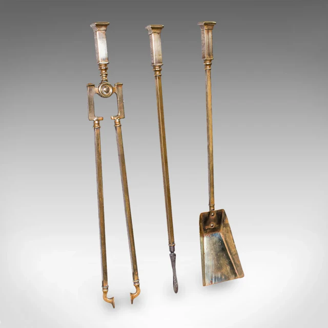 Trio of Antique Fireside Tools, English, Brass, Poker, Tongs, Shovel, Victorian