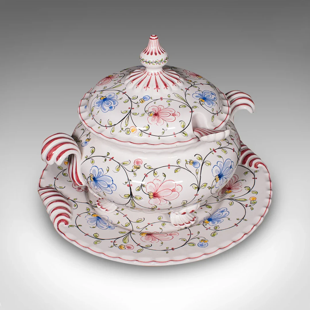 Vintage Soup Tureen Service, Portuguese, Ceramic Serving Set, Table Centrepiece