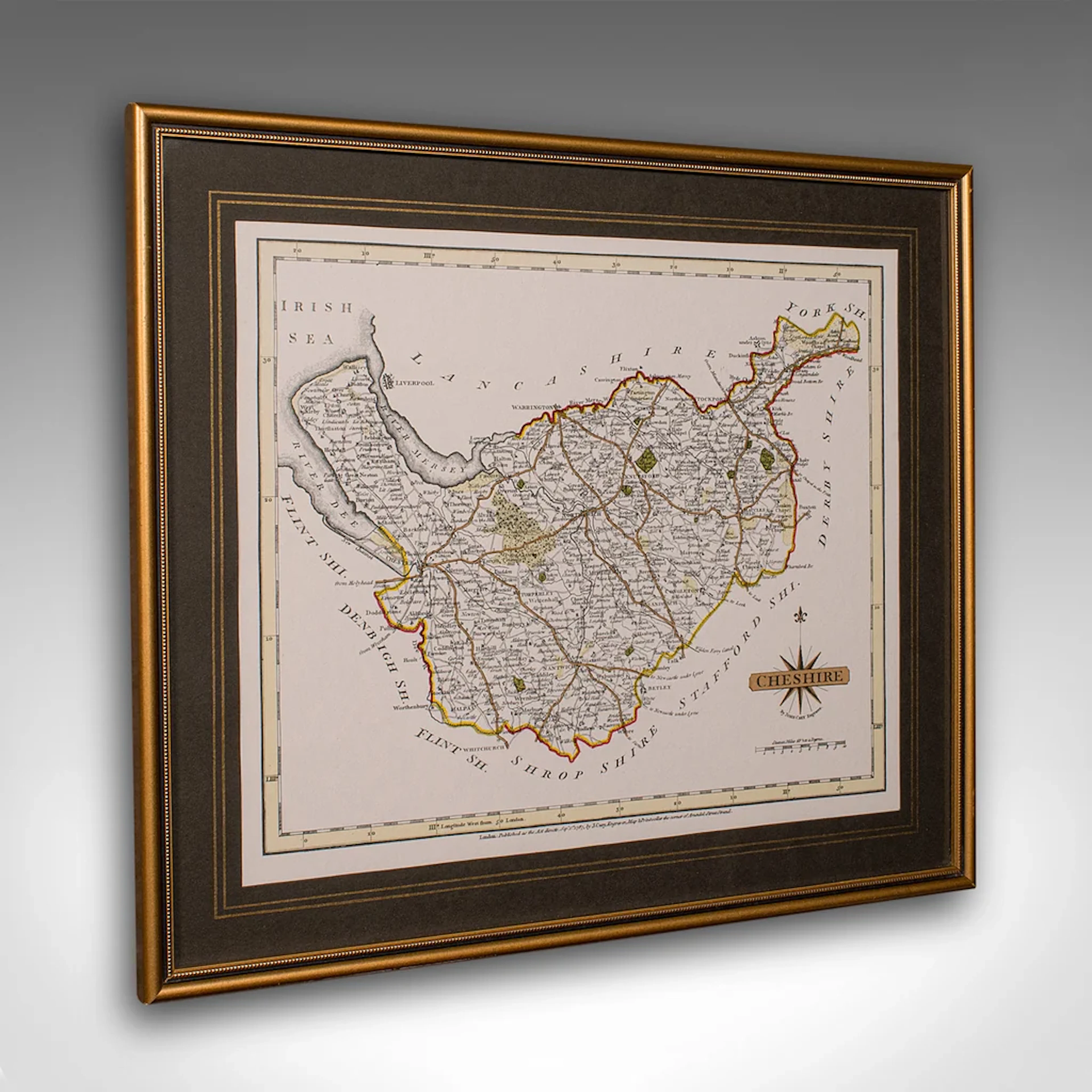Vintage County Map of Cheshire, English, After John Cary, Cartography Interest
