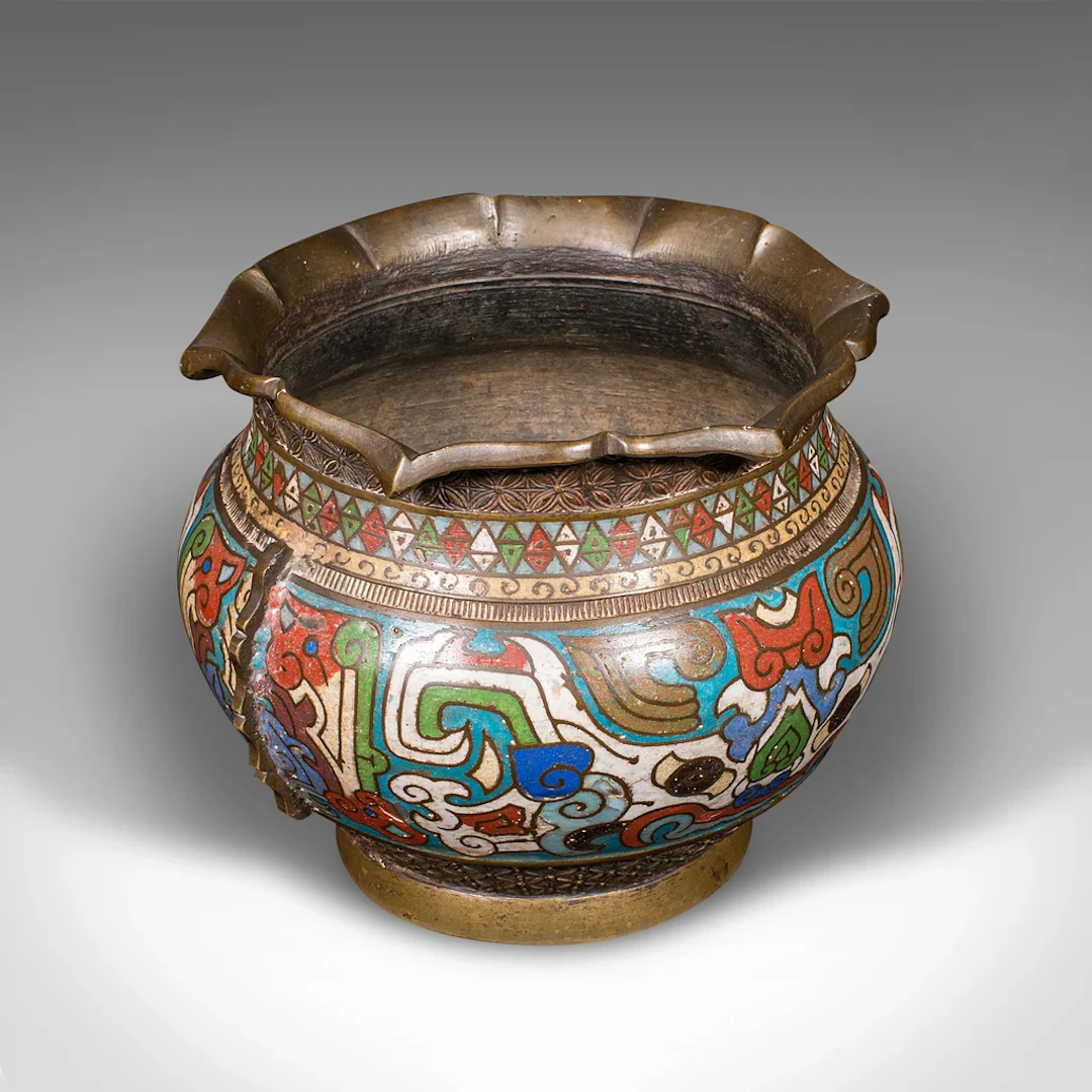 Antique Siamese Planter Bowl, Thai, Bronze, Cloisonne, Jardiniere
