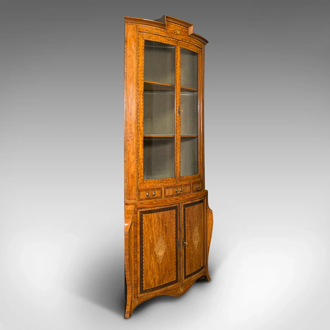 Antique Showcase Corner Cabinet, Dutch, Satinwood, Display Case, Victorian