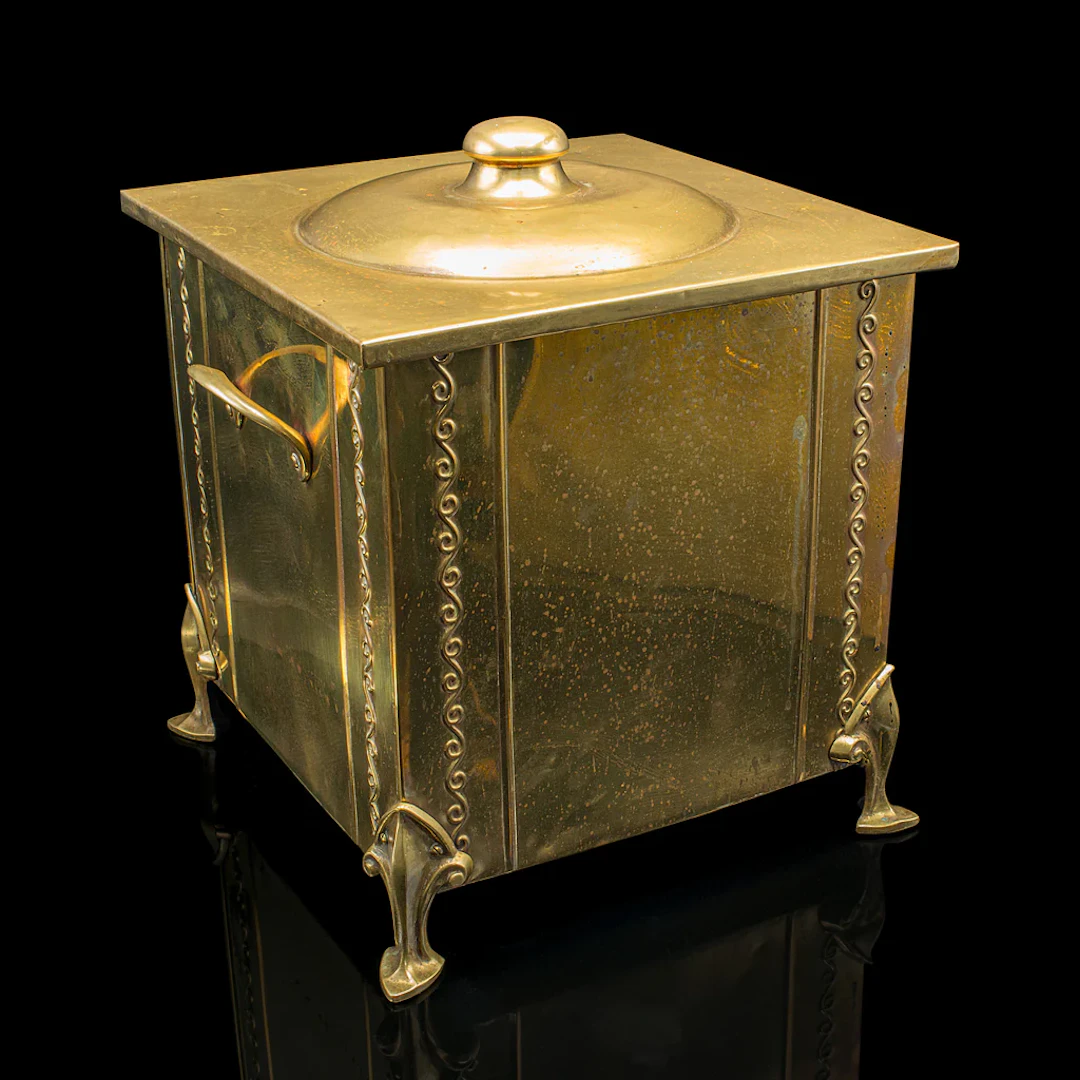 Antique Lidded Coal Scuttle, English Brass, Fireside, Log, Fuel Store