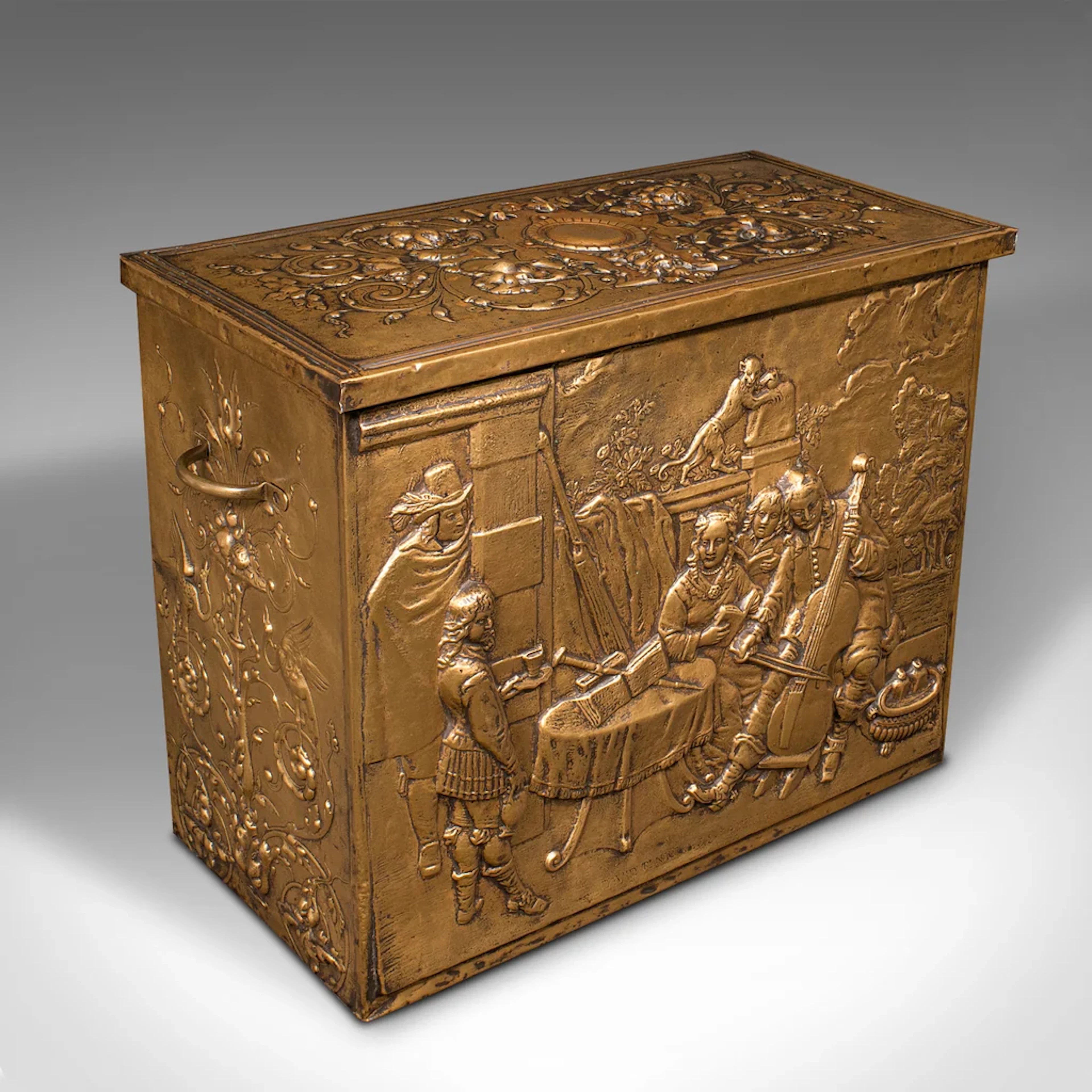 Antique Decorative Fireside Store, Belgian, Brass, Log, Coal Bin