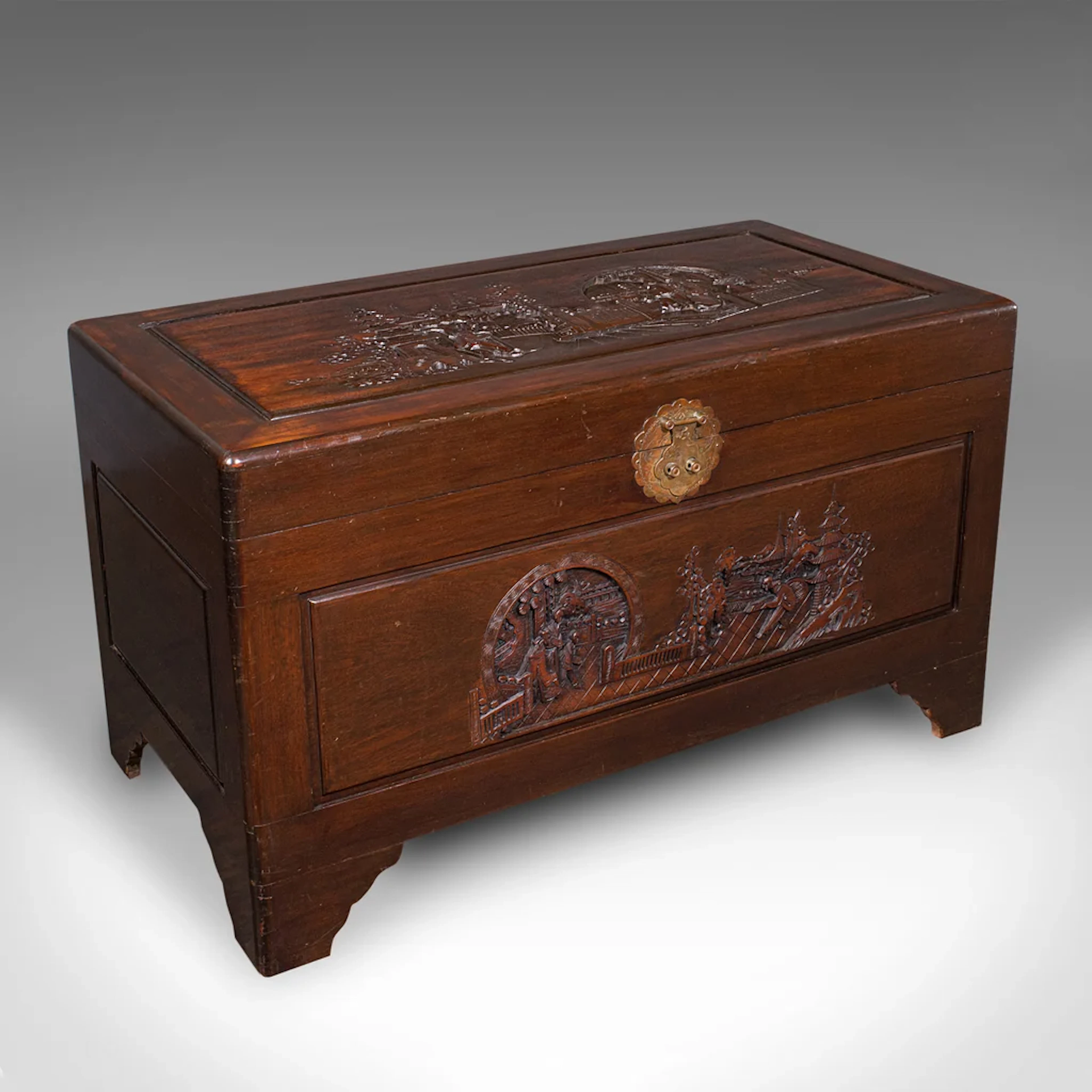 Large Vintage Carved Chest, Hong Kong, Camphorwood, Storage Trunk, Mid Century