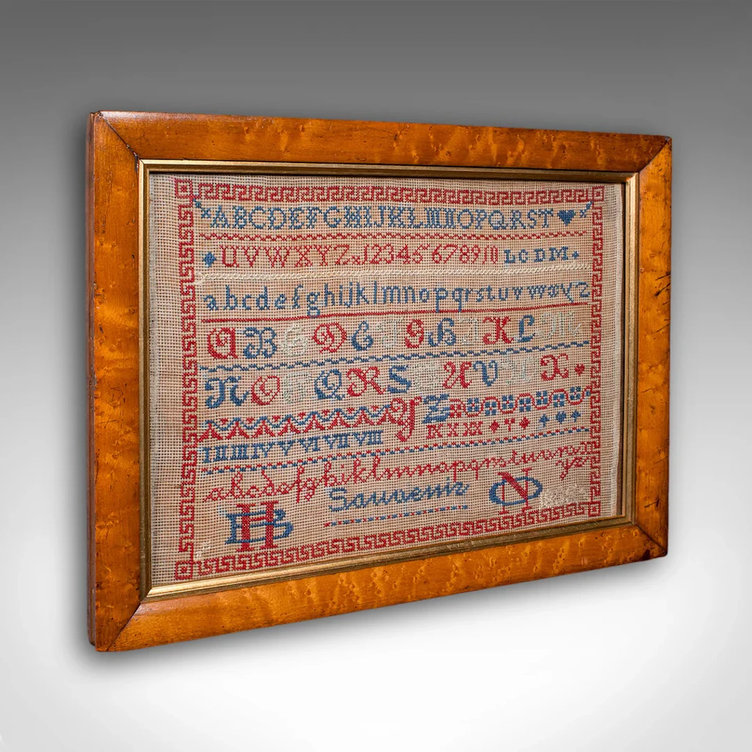Antique Needlework Sample, English, Framed, Embroidery, Decor, William IV, 1835