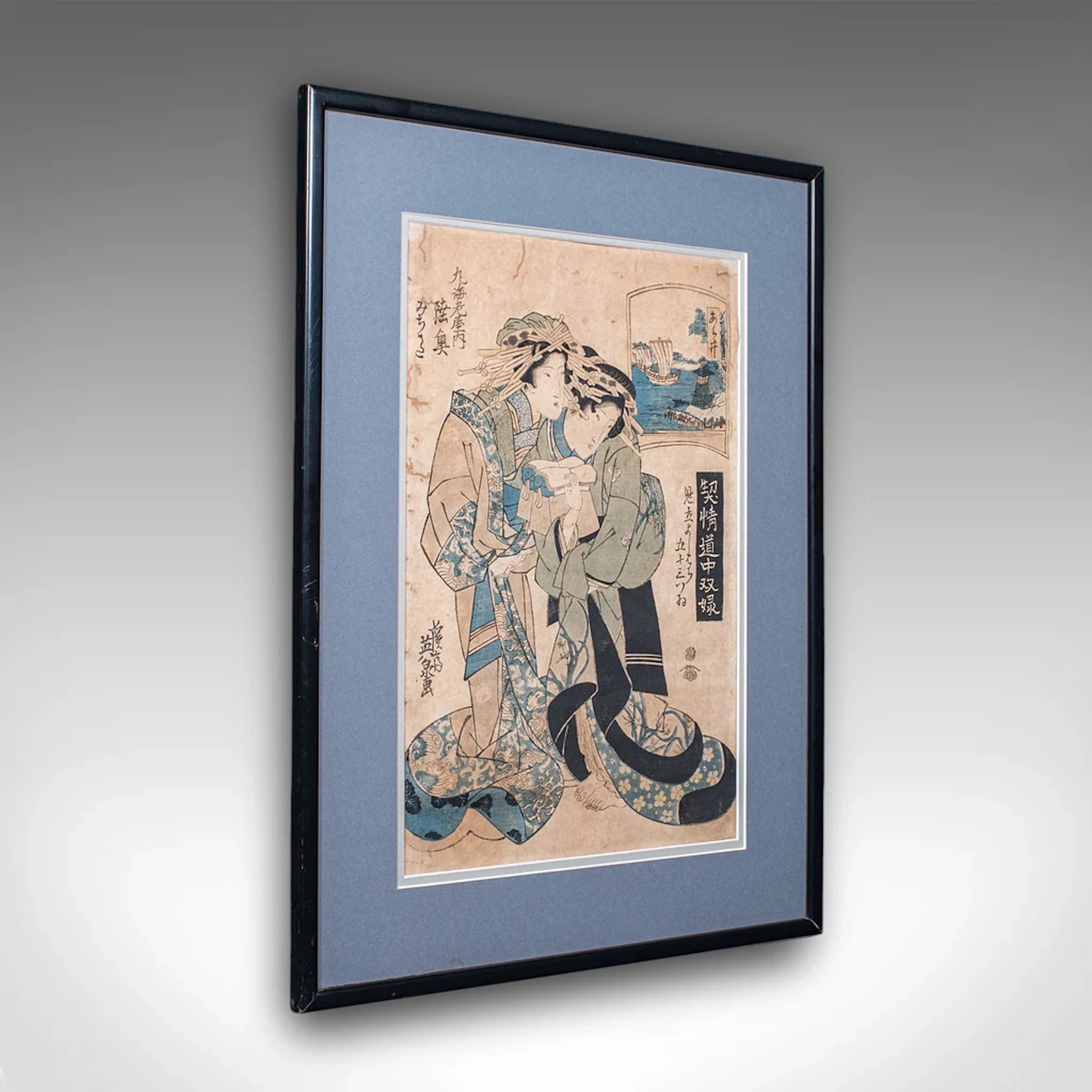 Antique Woodblock Picture, Japanese Framed Ukiyo-e Print, After Eisen