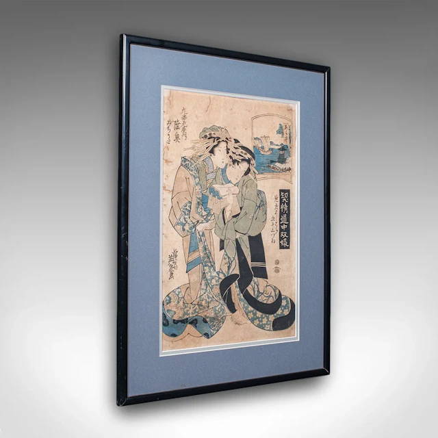 Antique Woodblock Picture, Japanese Framed Ukiyo-e Print, After Eisen