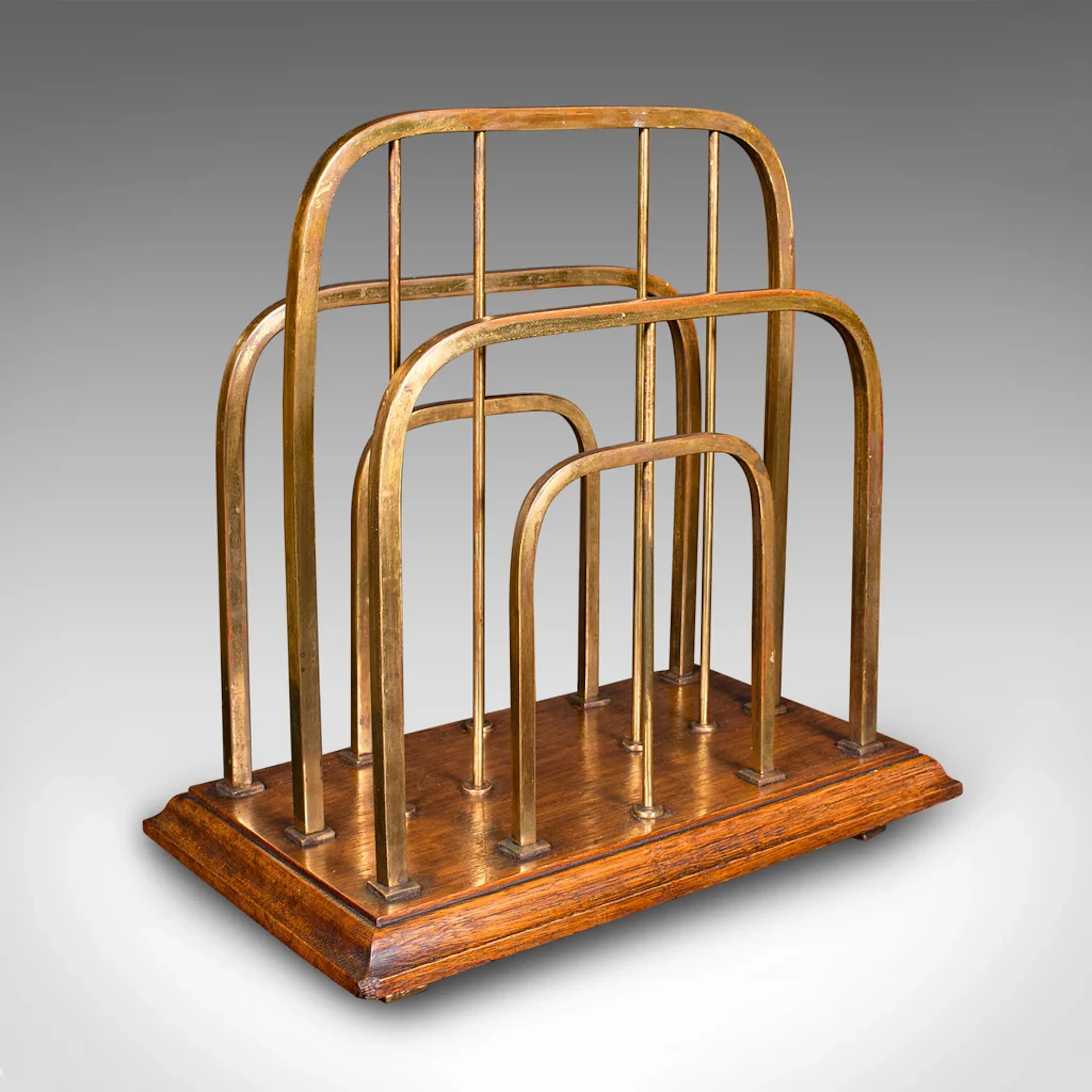 Antique Chairside Newspaper Rack, English, Oak, Brass, Magazine Stand