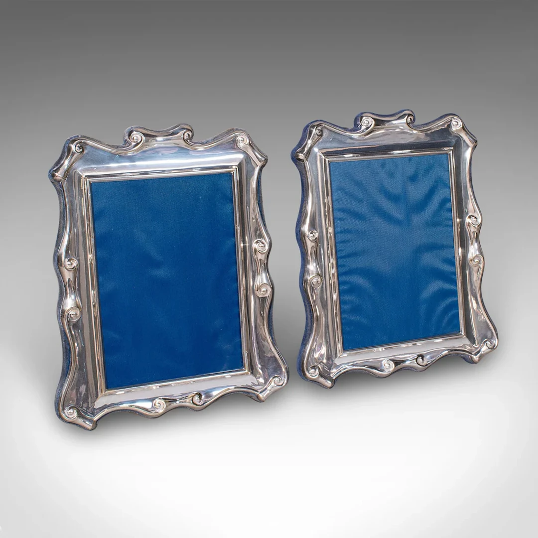 Pair of Vintage Portrait Picture Frames, English, Silver Plate, 5x7, Art Deco