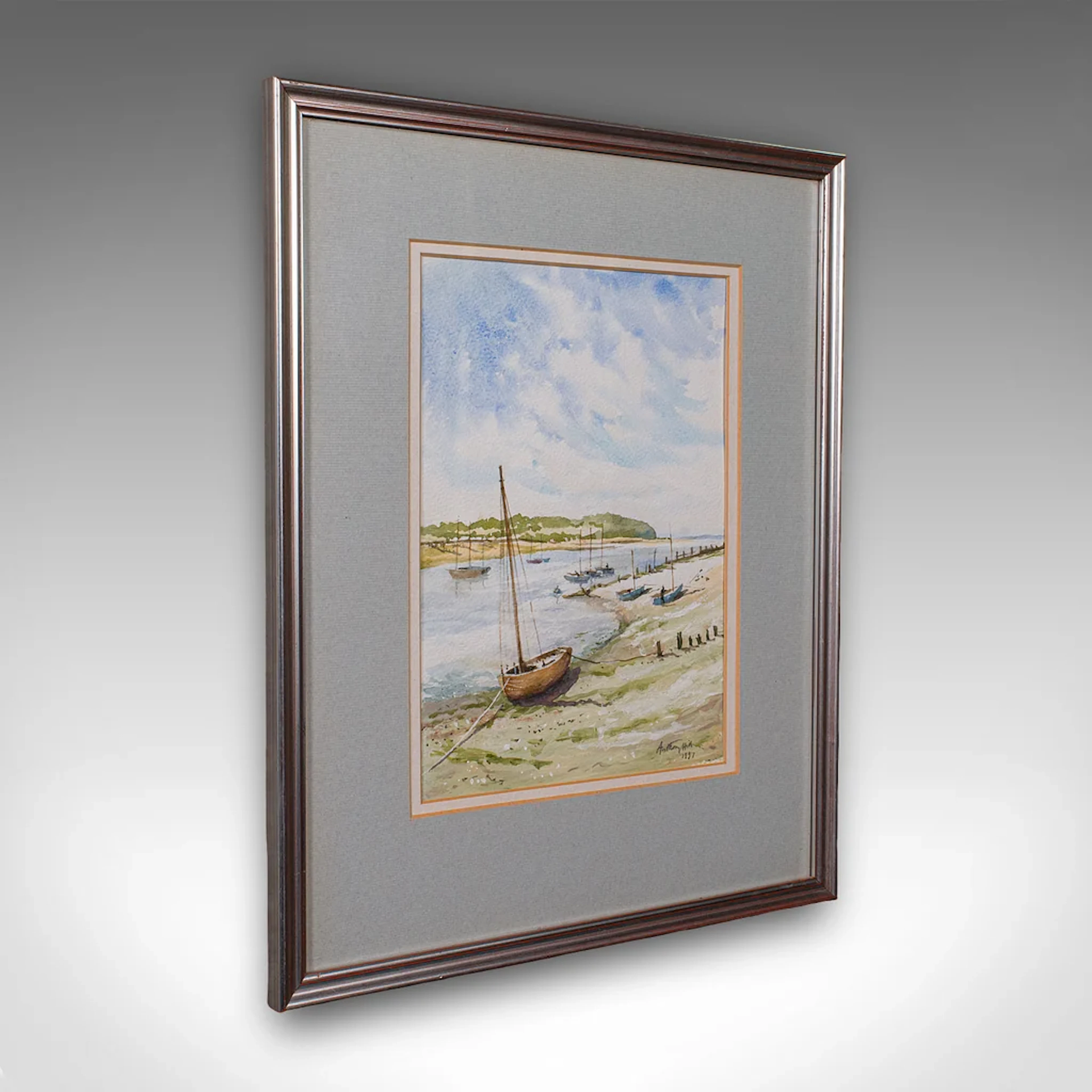 Vintage Beach Landscape Painting, English School Watercolour, Nautical